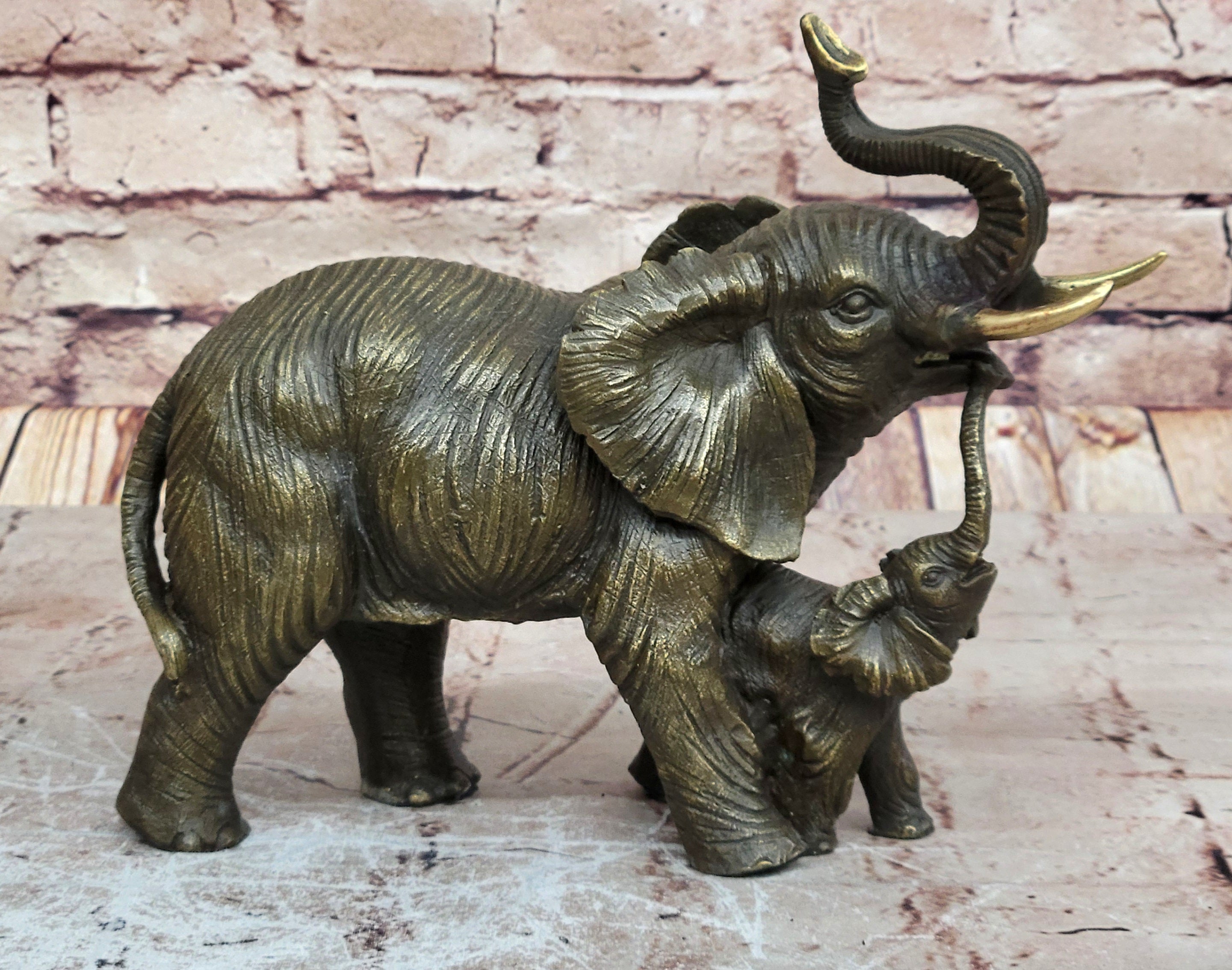 Art Deco Mother Elephant and Calf Hot Cast Bronze Sculpture Signed Figurine