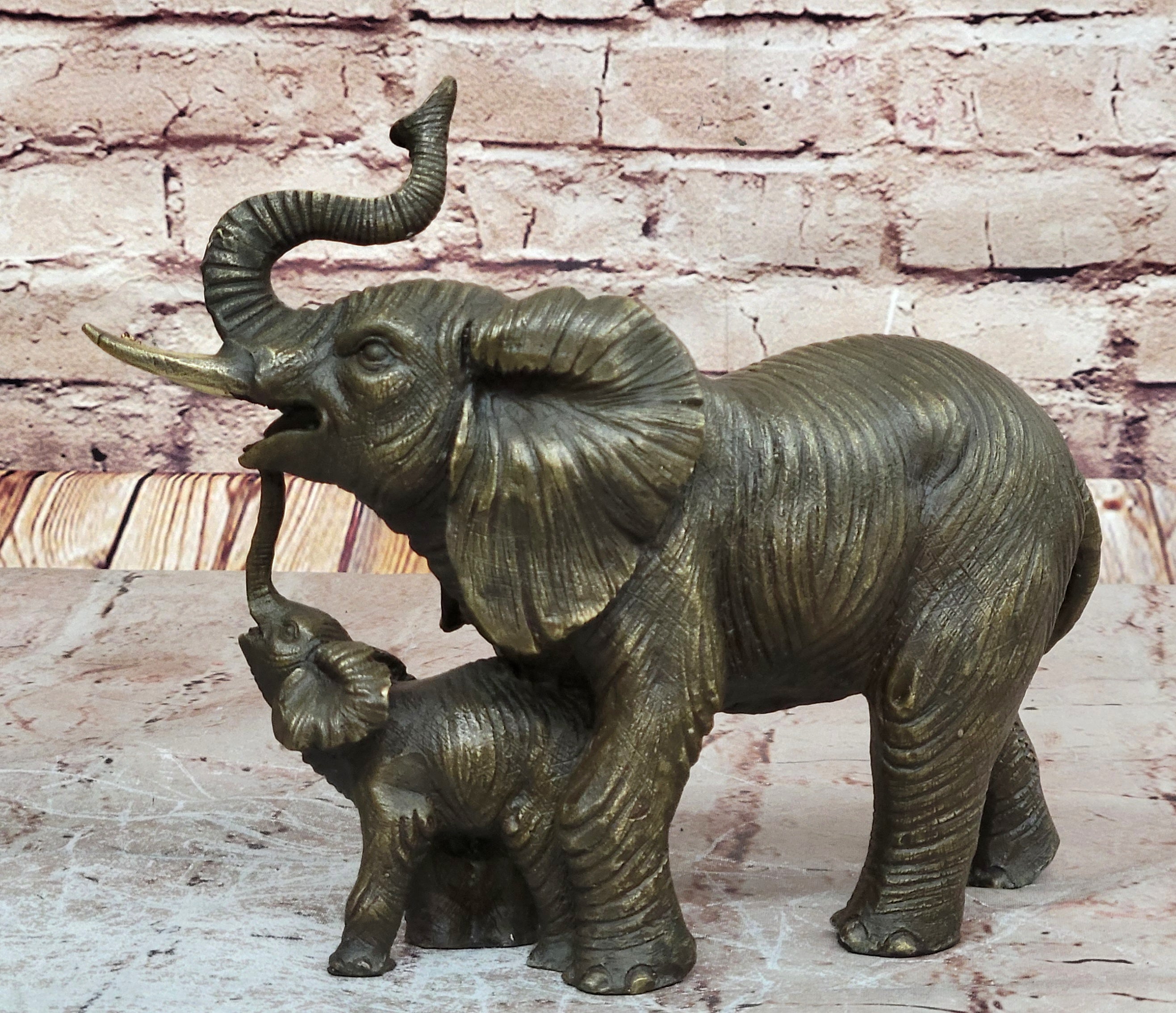 Art Deco Mother Elephant and Calf Hot Cast Bronze Sculpture Signed Figurine