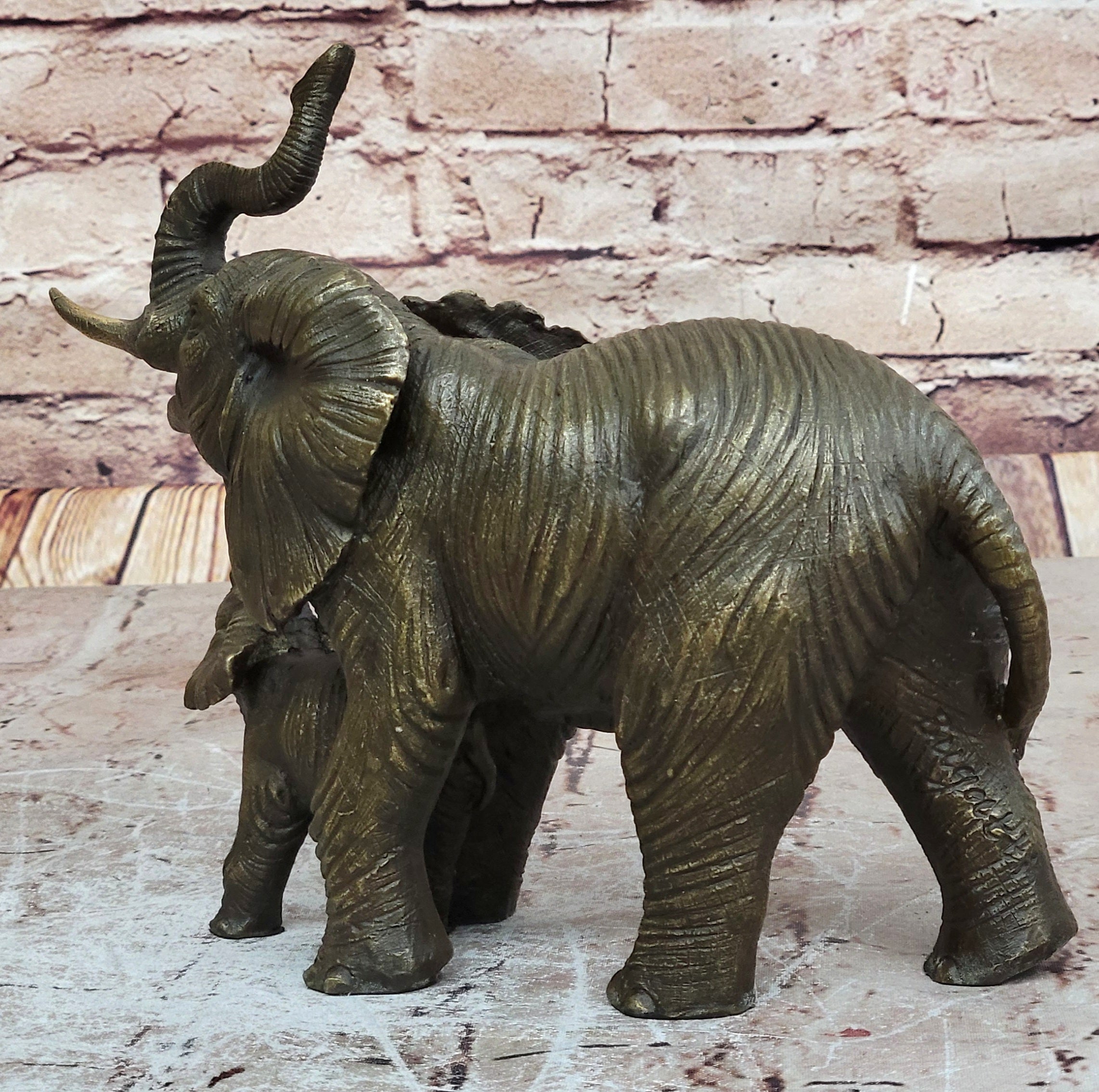 Art Deco Mother Elephant and Calf Hot Cast Bronze Sculpture Signed Figurine