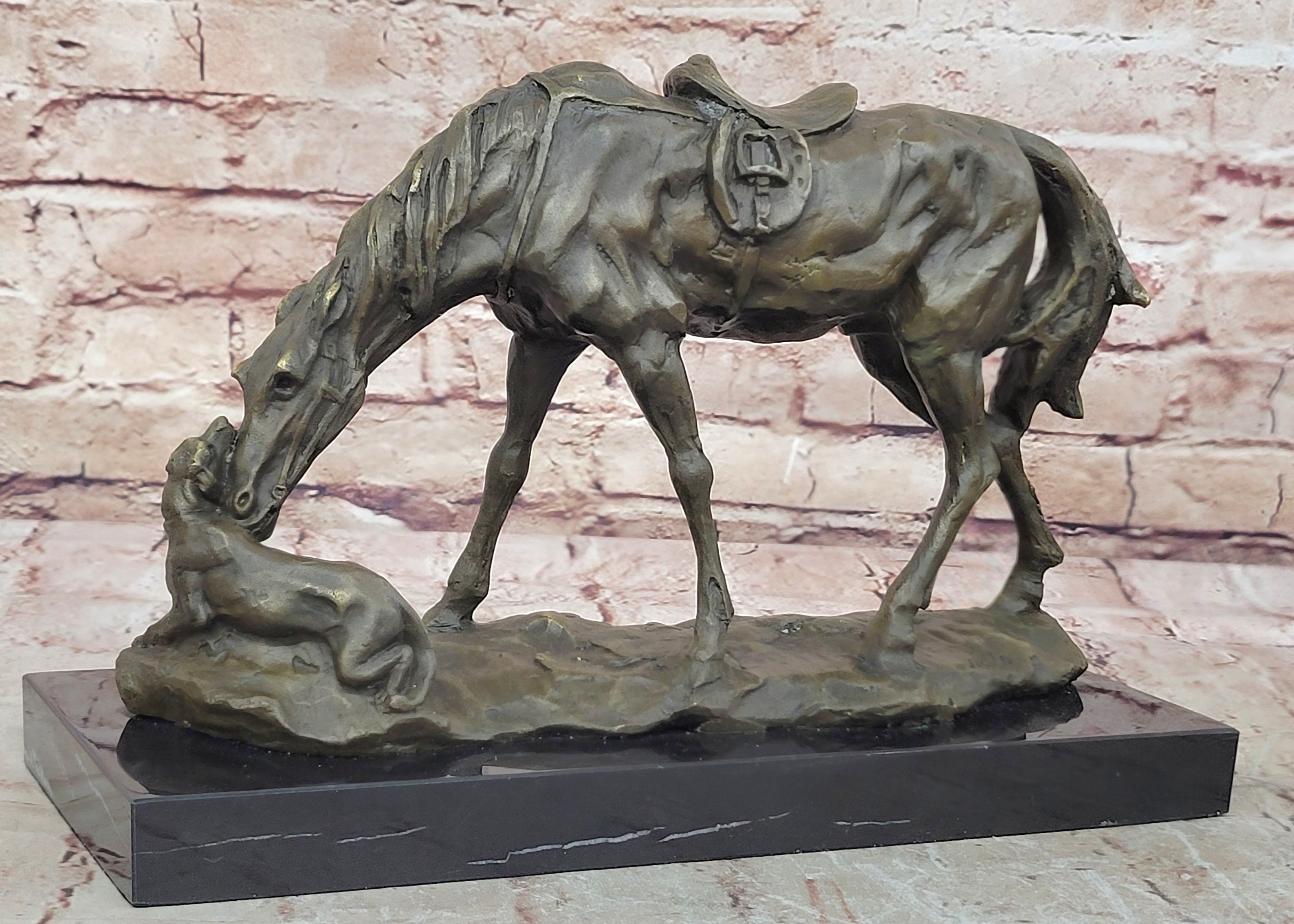 Bronze Sculpture Horse Playing with Dog Hot Cast Lost Wax Method Figurine Figure