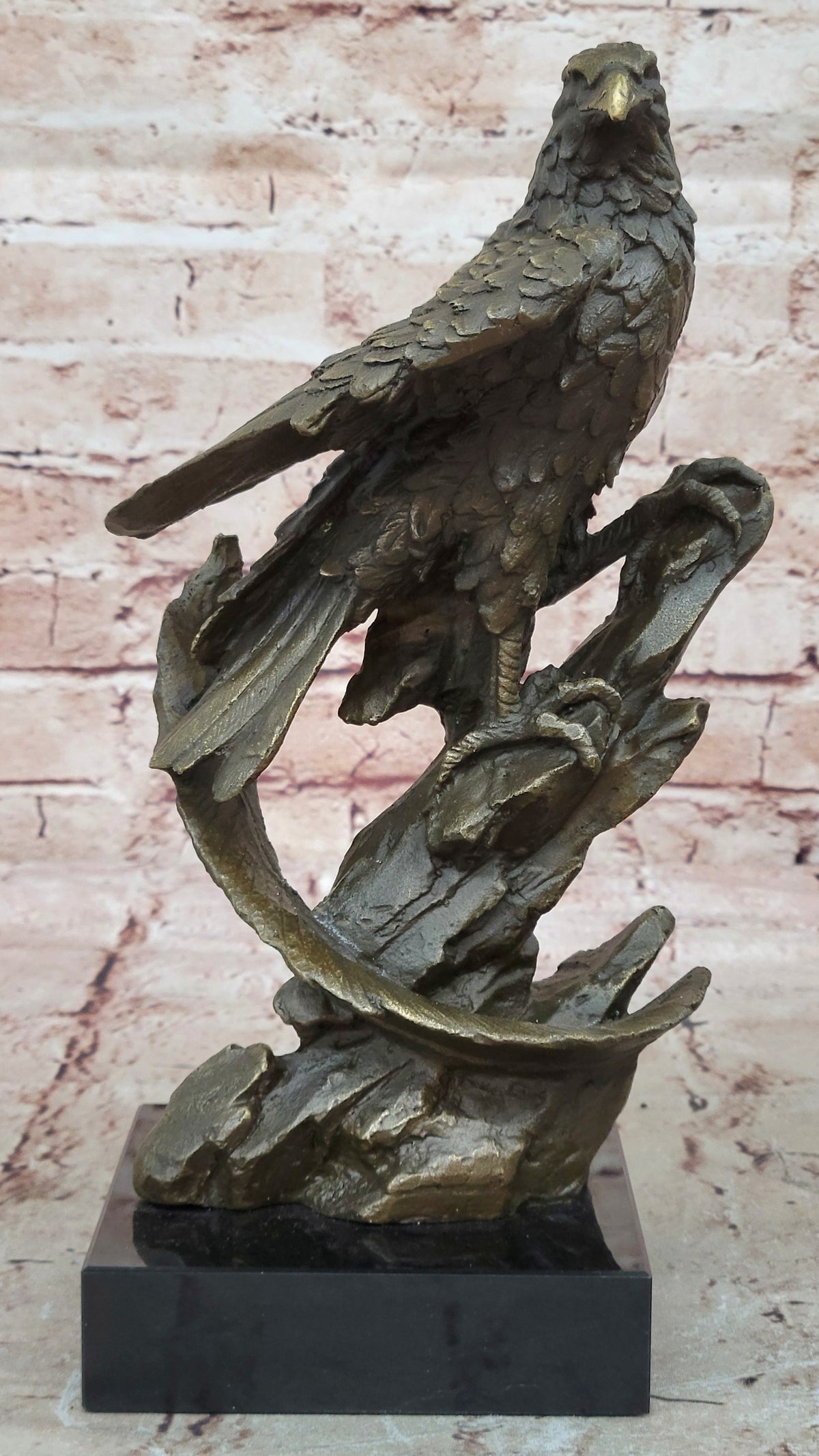 Bronze American Bald Eagle on Tree Falcon Osprey Hawk Flag Statue Pride Flying