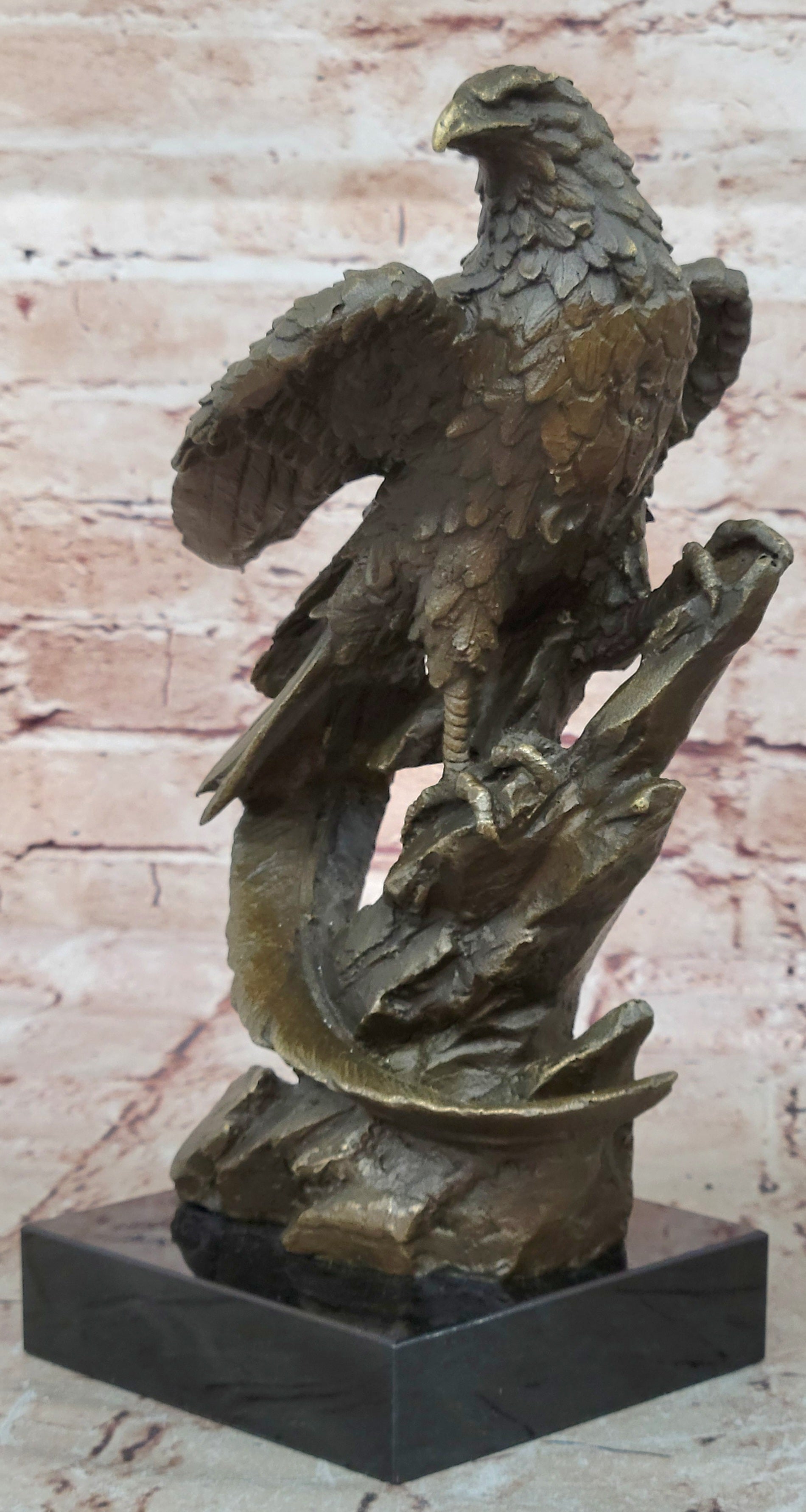 Bronze American Bald Eagle on Tree Falcon Osprey Hawk Flag Statue Pride Flying