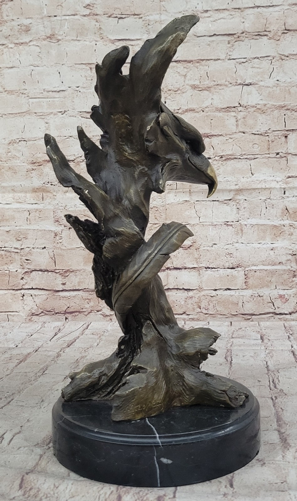 Western Art Copper Bronze Eagle Hawk Bird Figurine Sculpture Marble Base Statue