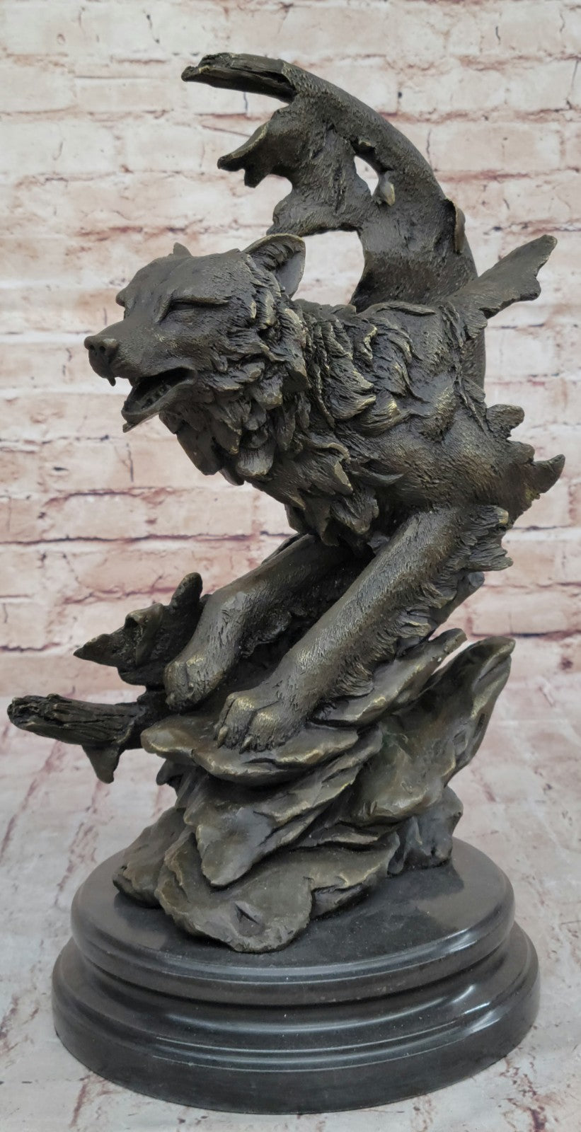 Bronze Sculpture Massive Howling Wolf With Crest Moon Home Decoration Decor Sale