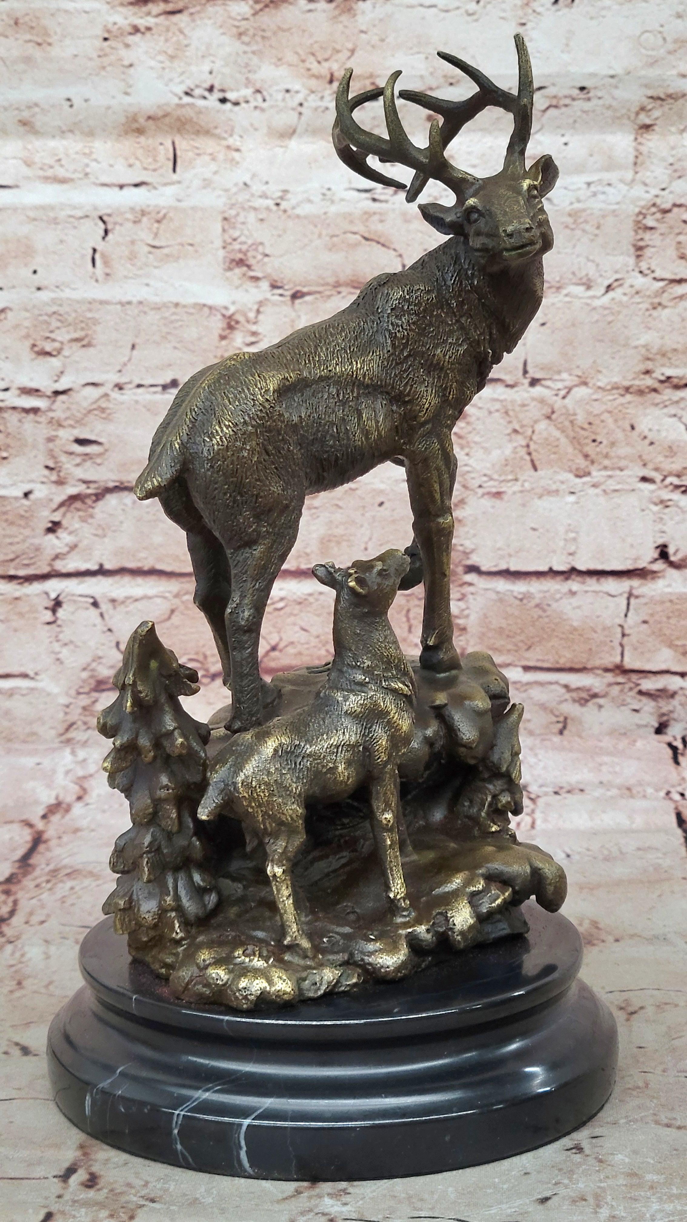 Handcrafted bronze sculpture SALE Fawn Baby His With Stag Male Original Signed