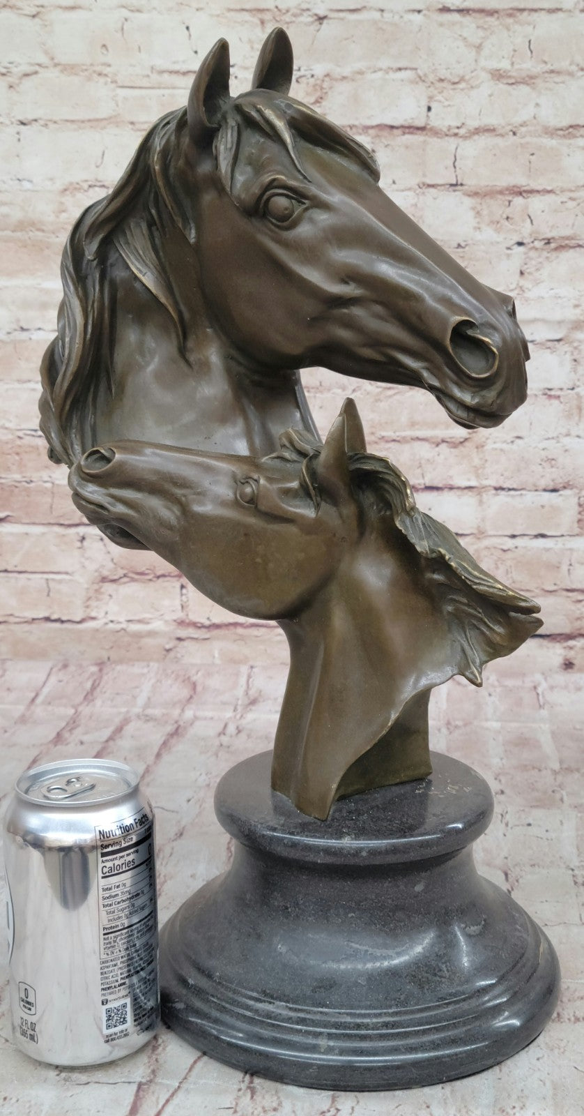 Two Horses Head Bust Bronze Sculpture on Marble Base Figurine Artwork Figure