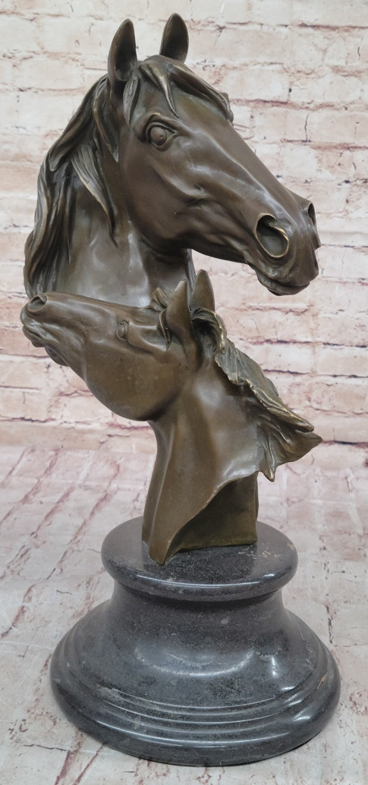 Two Horses Head Bust Bronze Sculpture on Marble Base Figurine Artwork Figure