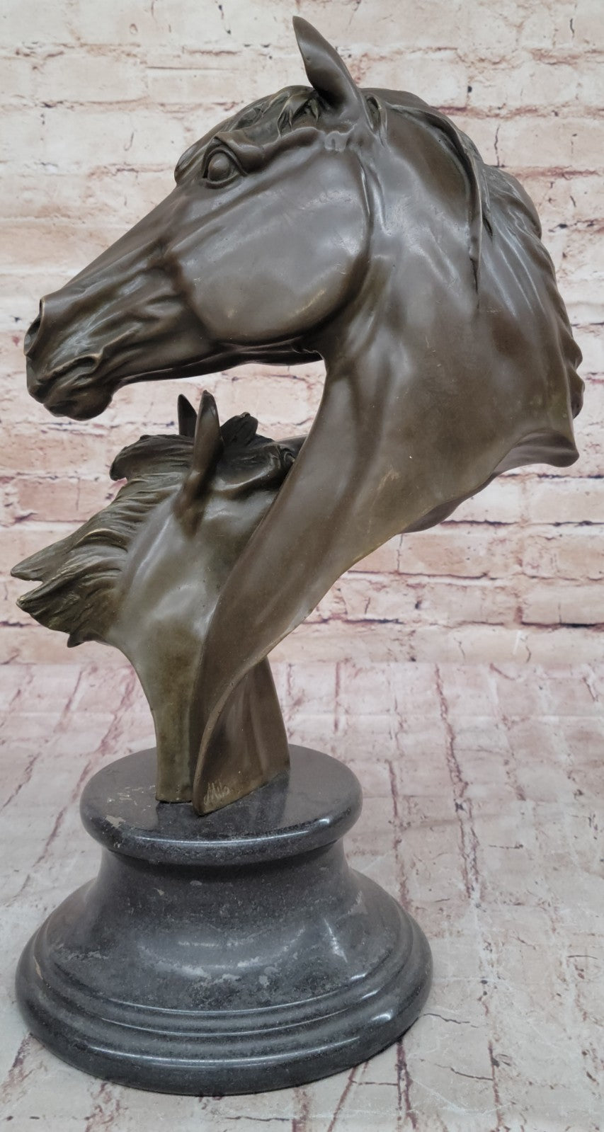 Two Horses Head Bust Bronze Sculpture on Marble Base Figurine Artwork Figure
