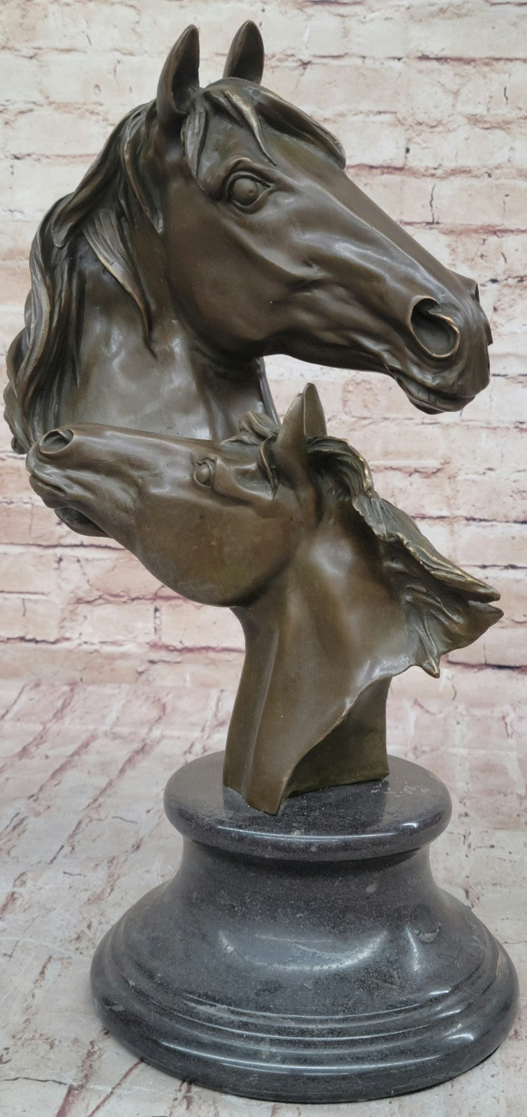 Two Horses Head Bust Bronze Sculpture on Marble Base Figurine Artwork Figure