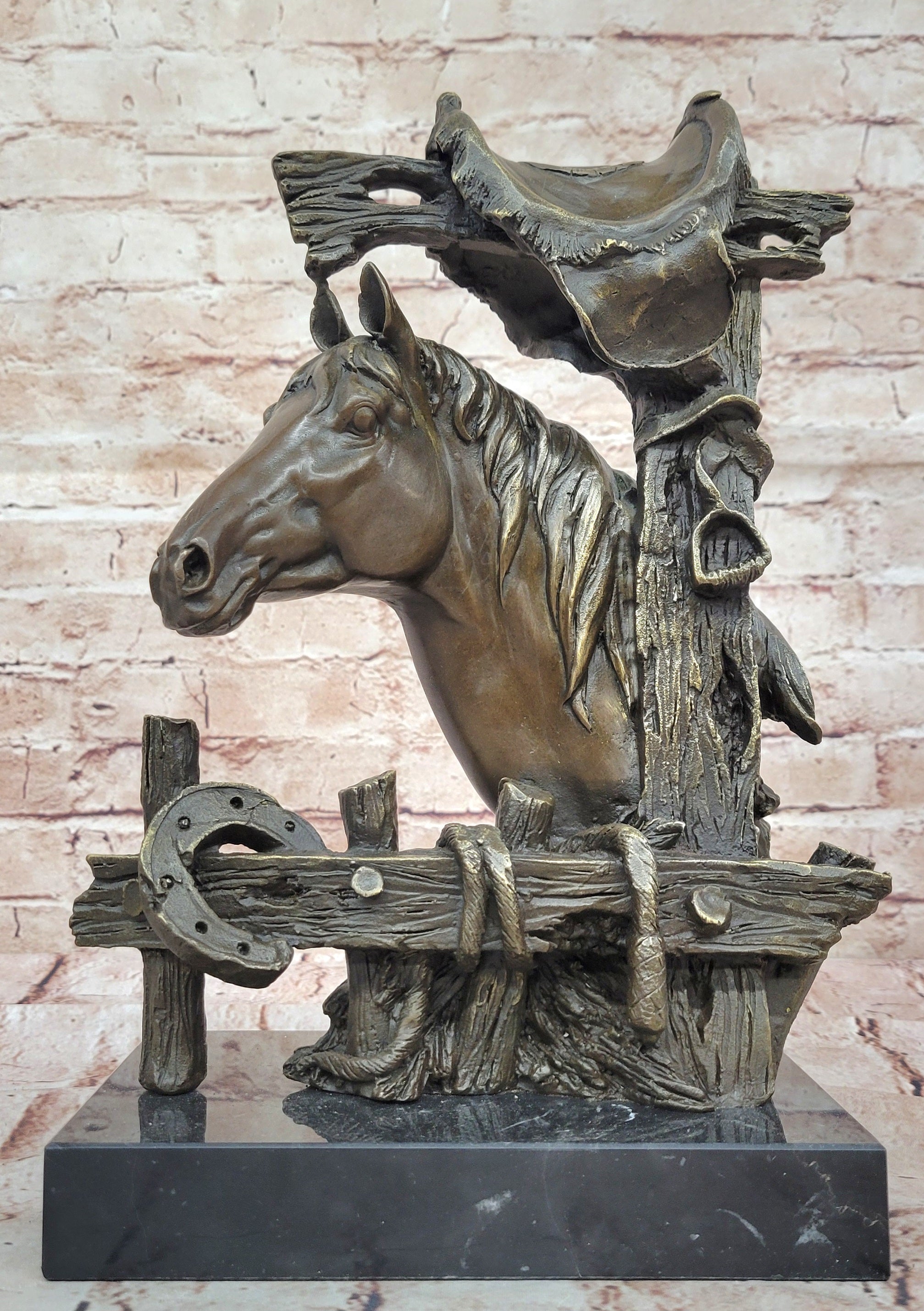 Bronze Statue of a Loving Horse with Saddle in Western Art Cowboy Style