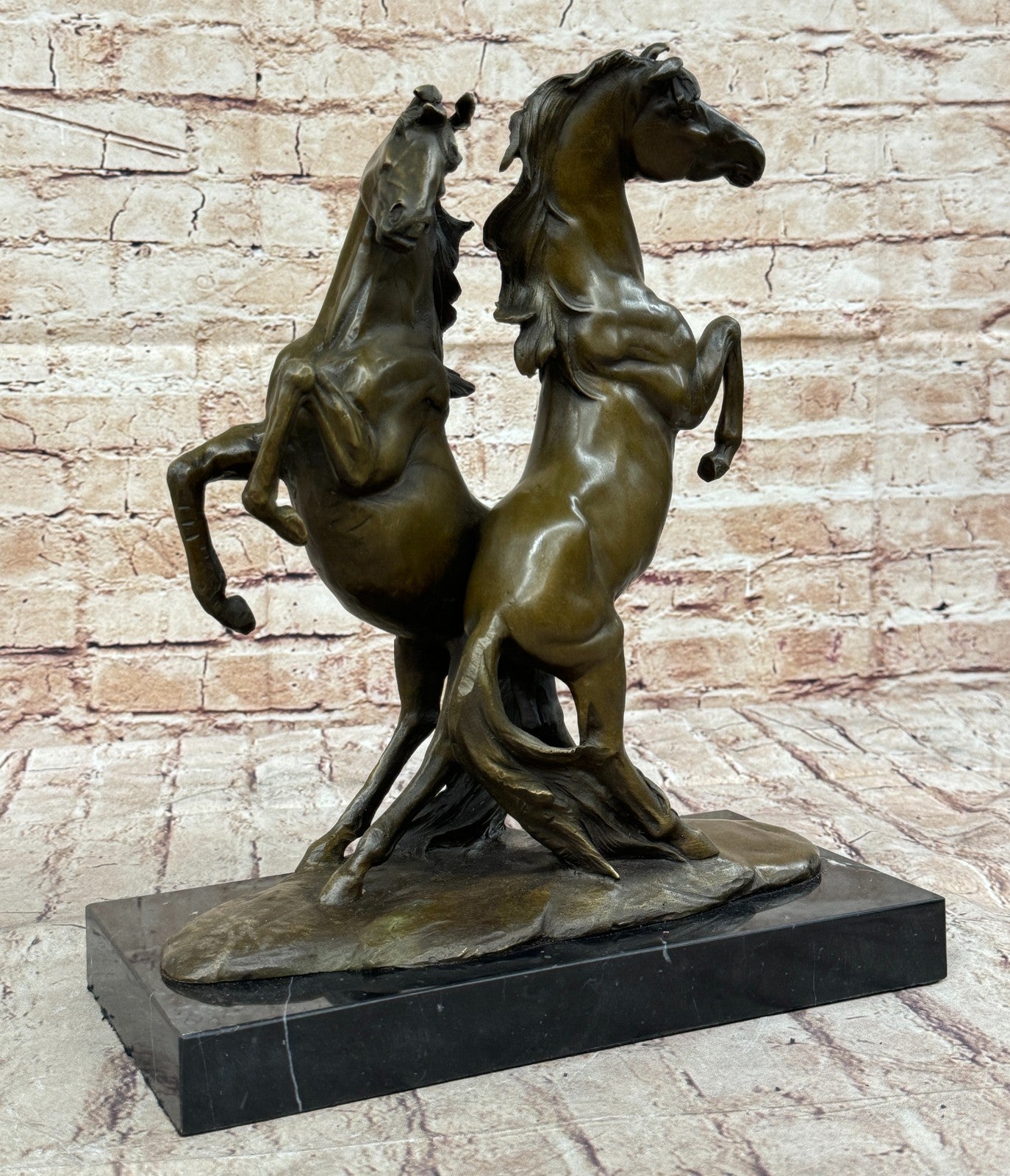 Two Rearing Horse Horses Stallion Bronze Sculpture Marble Base Figurine Figure