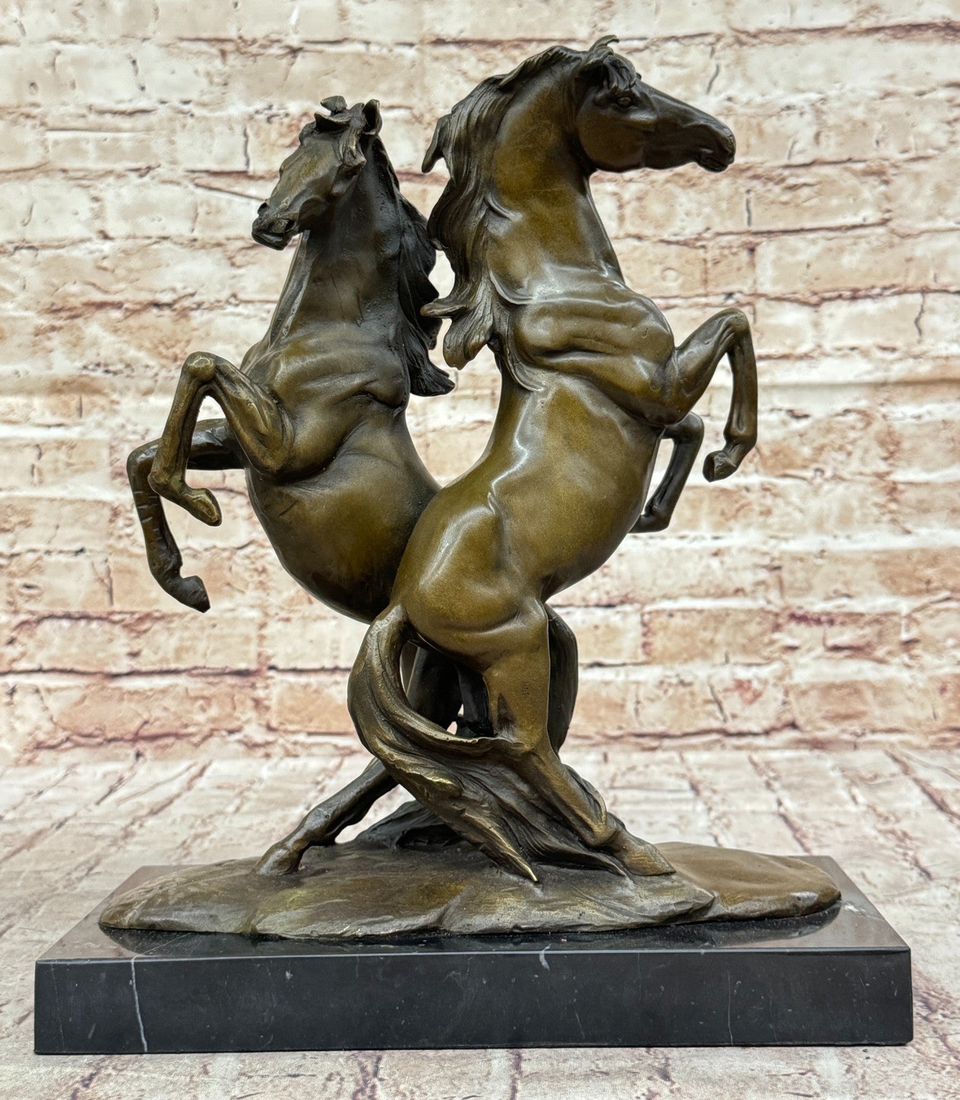 Two Rearing Horse Horses Stallion Bronze Sculpture Marble Base Figurine Figure