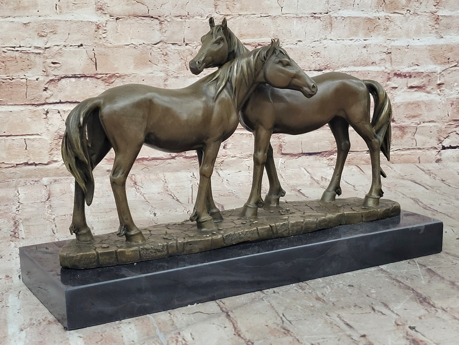 SIGNED ORIGINAL HORSES IN LOVE BRONZE SCULPTURE MARBLE BASE FIGURINE HOME DECOR