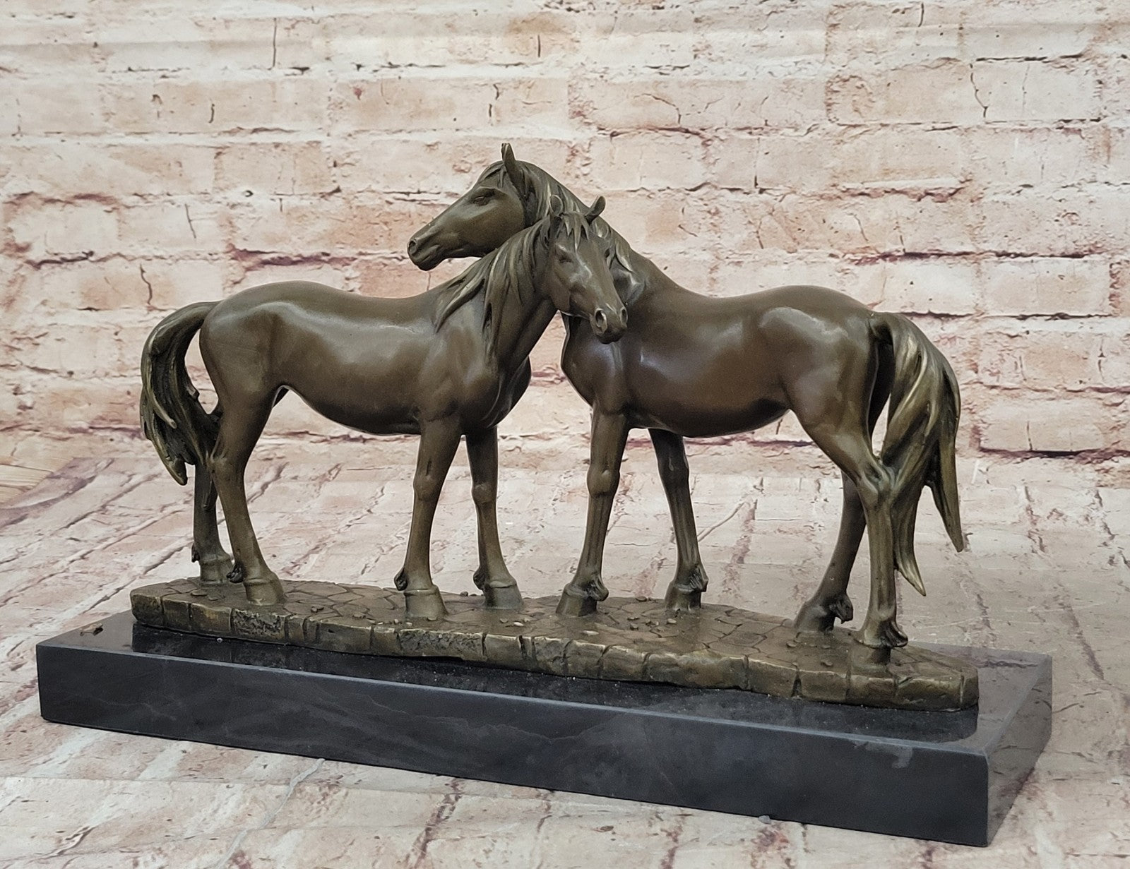 SIGNED ORIGINAL HORSES IN LOVE BRONZE SCULPTURE MARBLE BASE FIGURINE HOME DECOR
