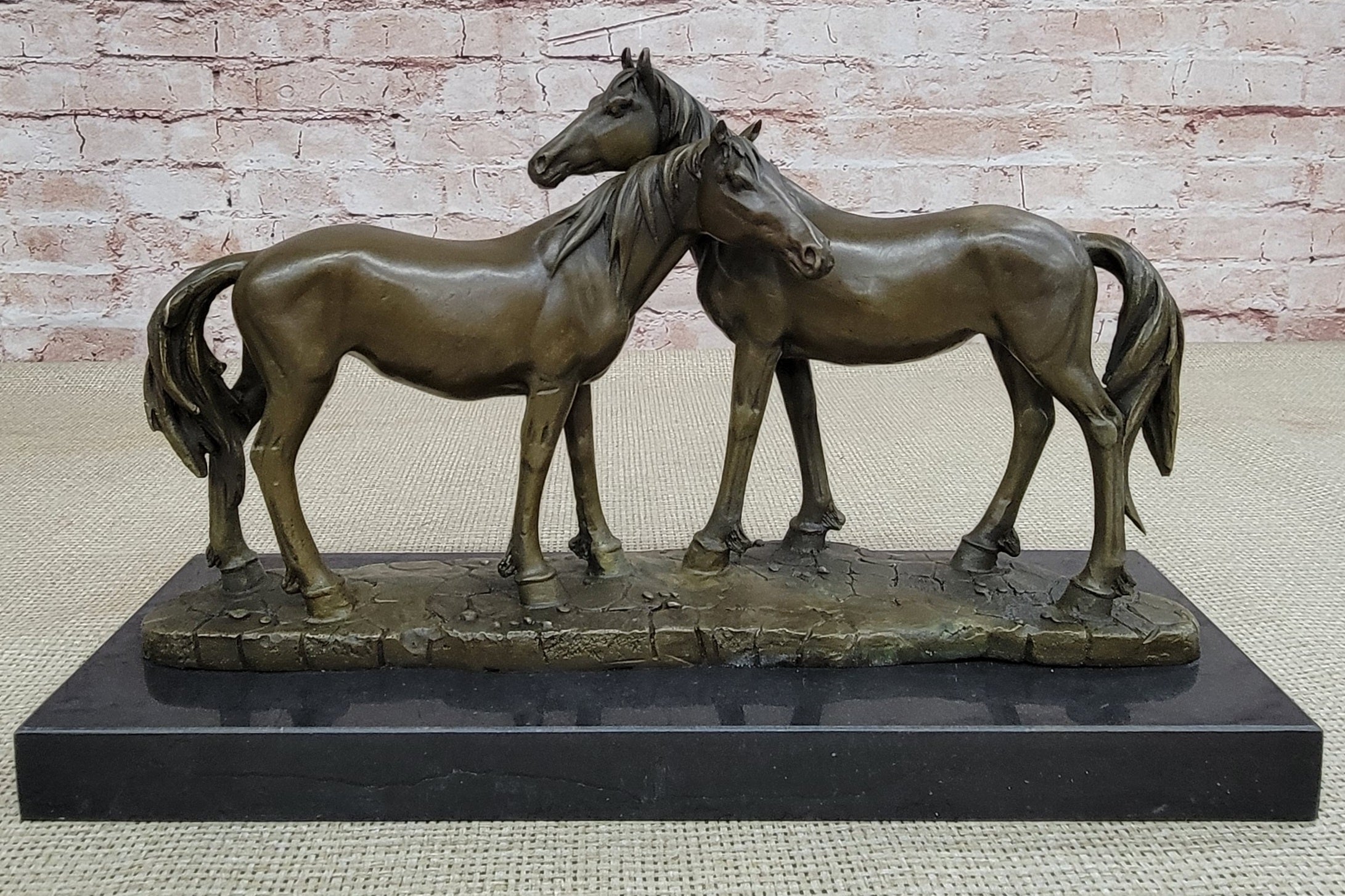 SIGNED ORIGINAL HORSES IN LOVE BRONZE SCULPTURE MARBLE BASE FIGURINE HOME DECOR