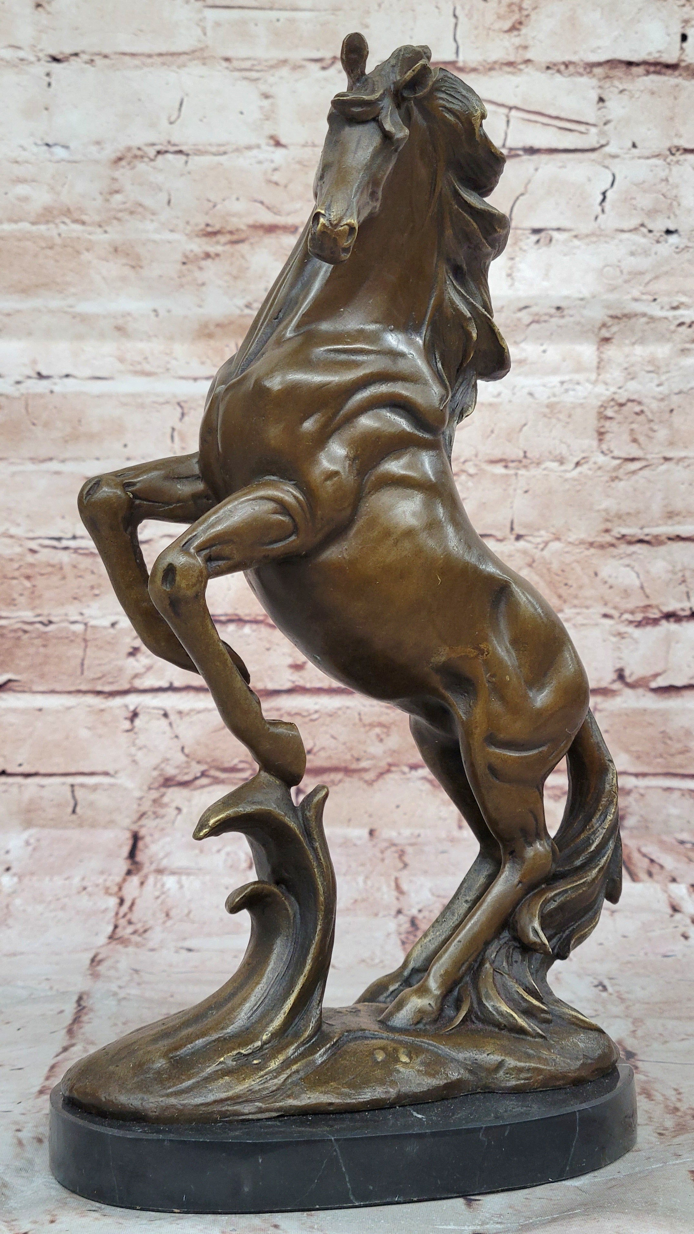Art Deco Hot Cast Rearing Stallion Bronze Sculpture Marble Base Figurine Figure