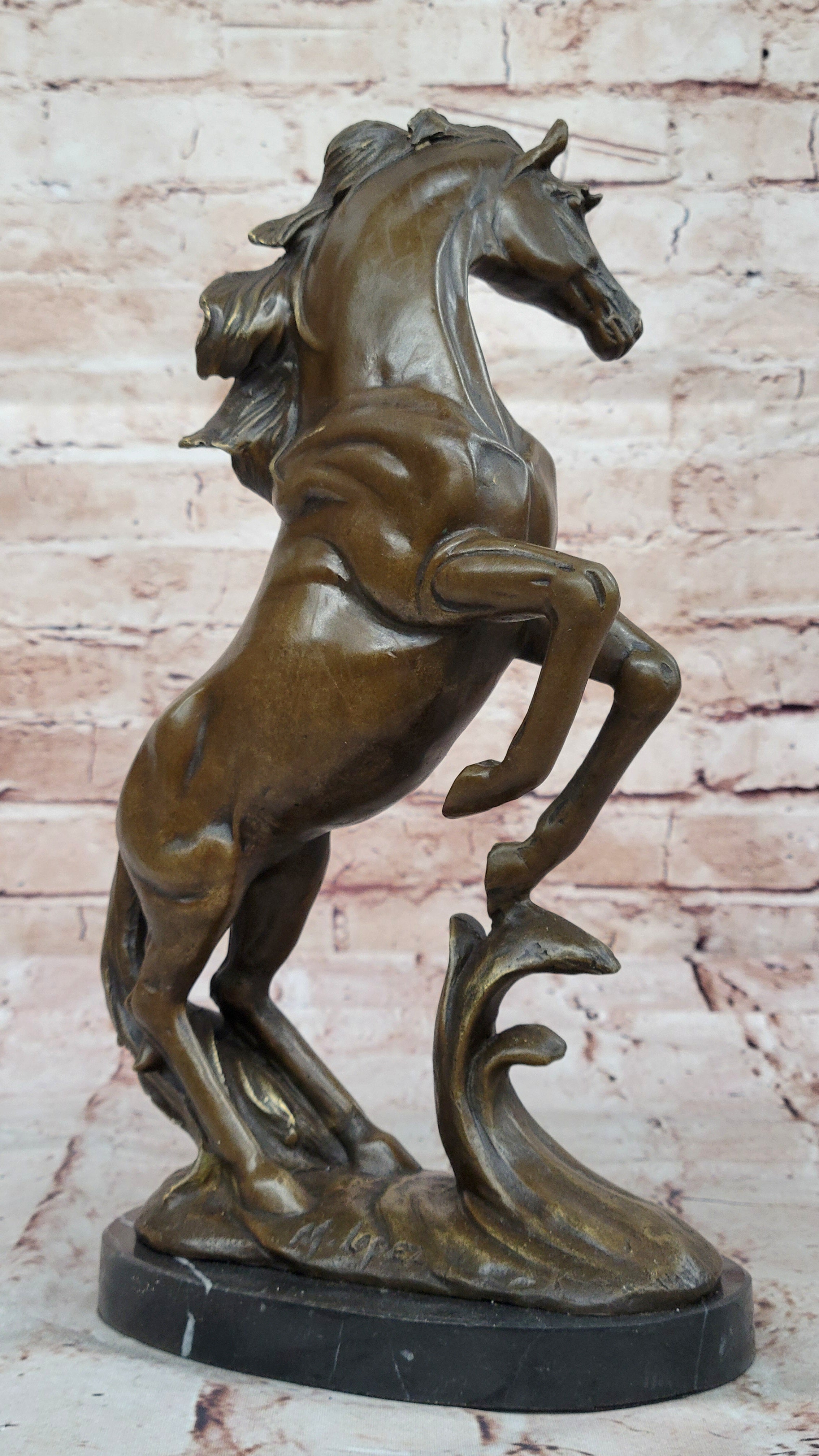 Art Deco Hot Cast Rearing Stallion Bronze Sculpture Marble Base Figurine Figure