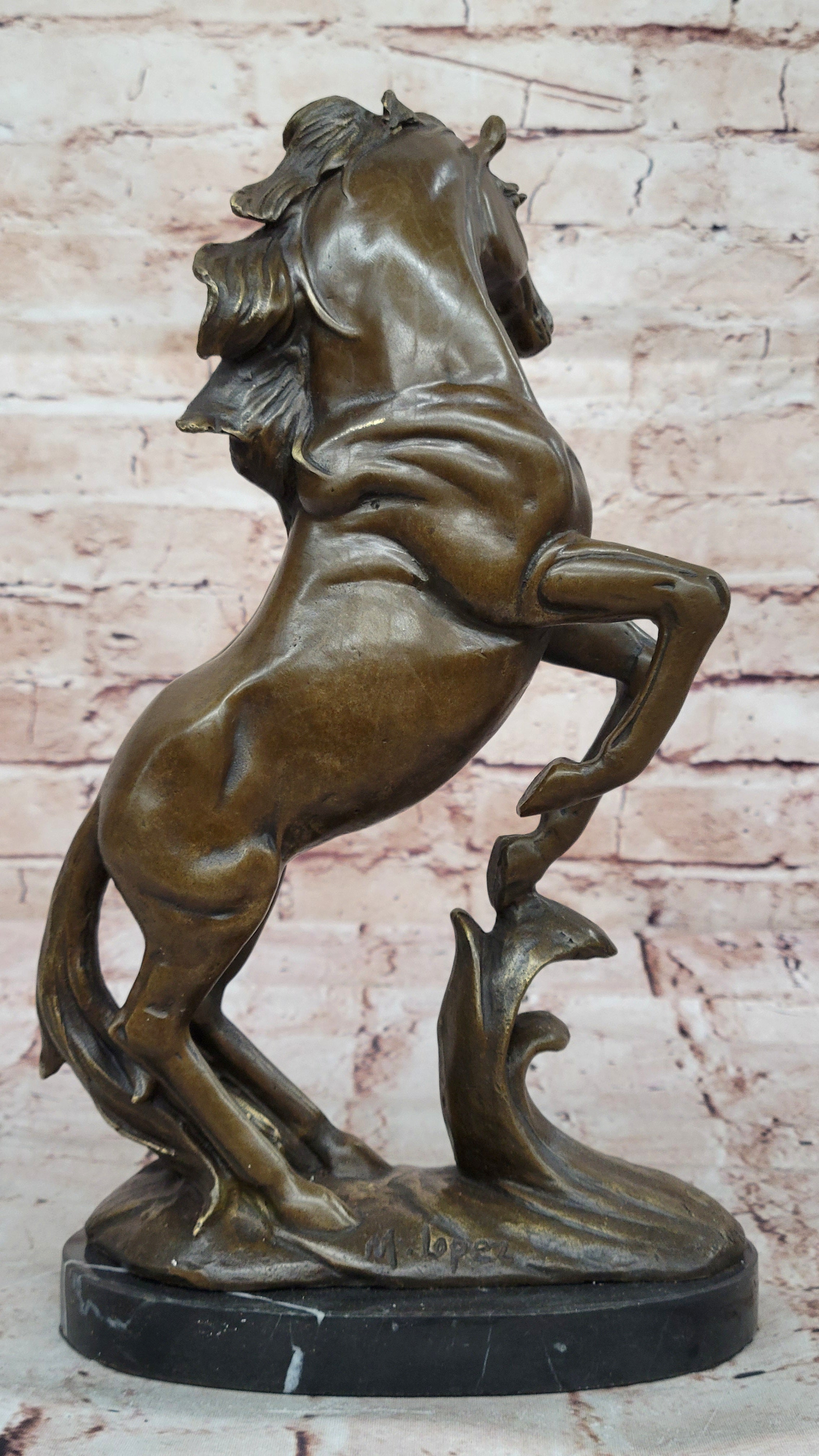 Art Deco Hot Cast Rearing Stallion Bronze Sculpture Marble Base Figurine Figure