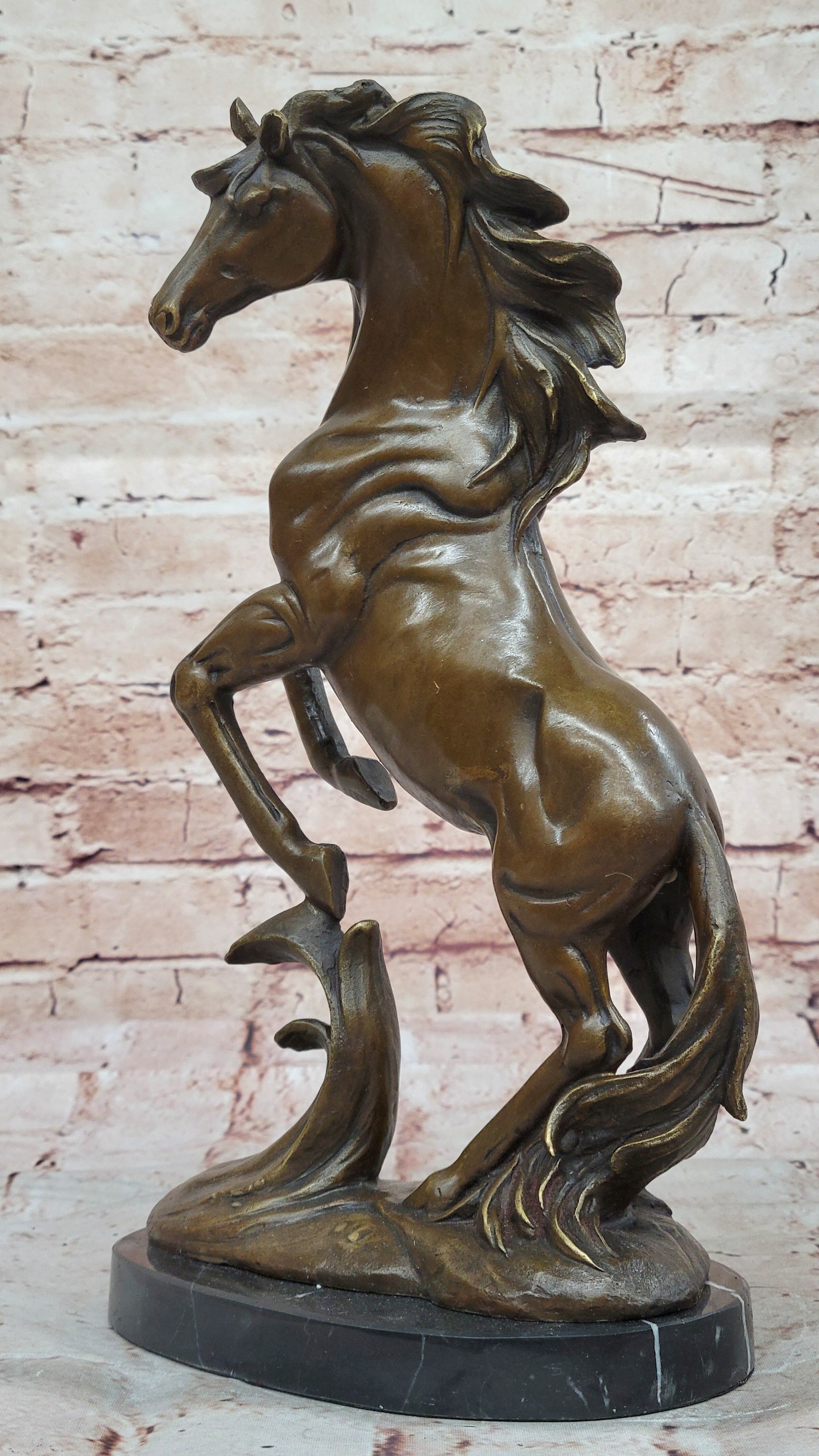 Art Deco Hot Cast Rearing Stallion Bronze Sculpture Marble Base Figurine Figure
