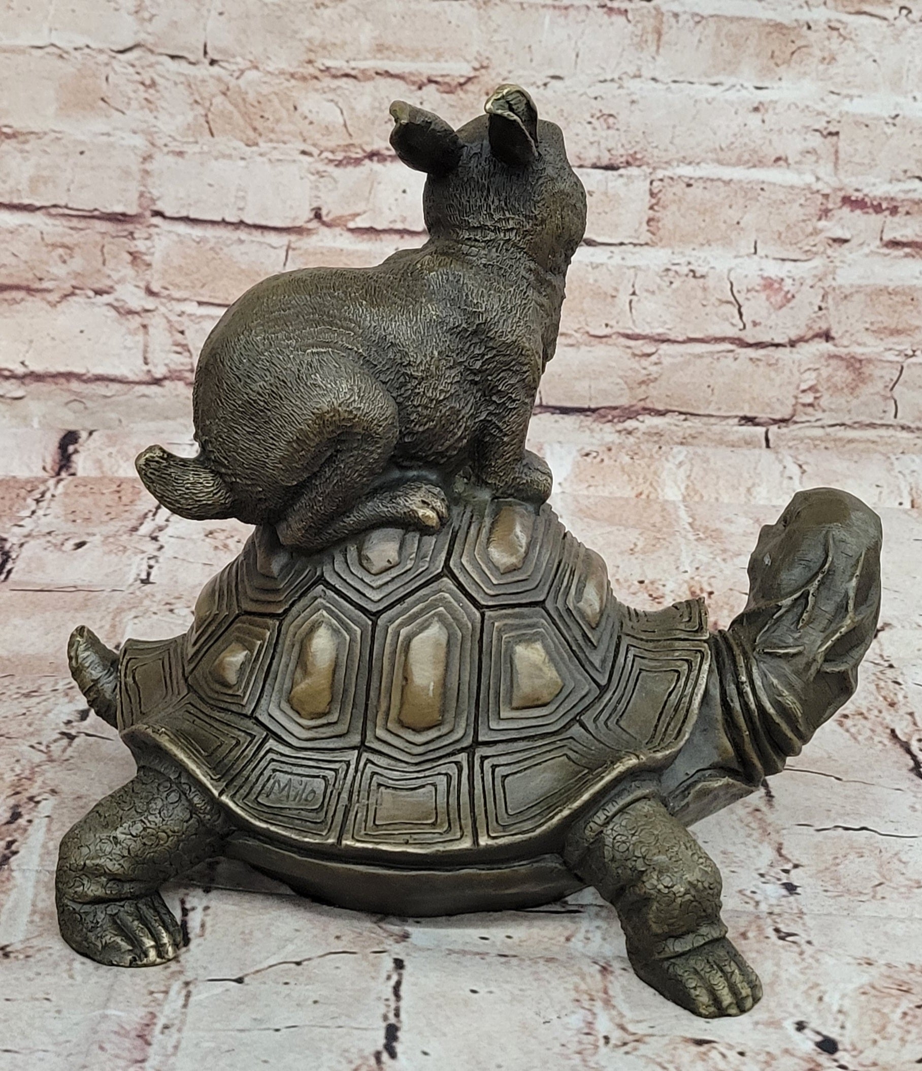 Chinese Folk Culture HandMade Real Bronze statue Longevity god Rabbit Turtle