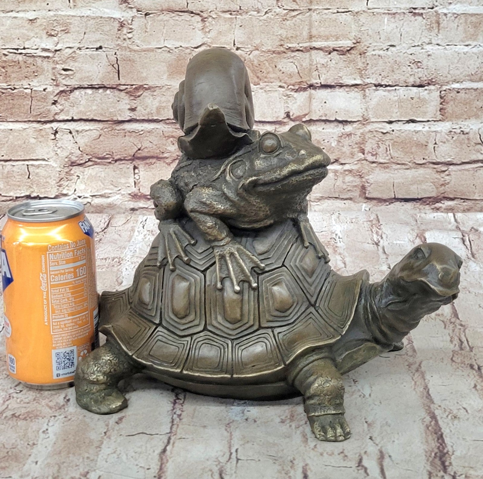 European Bronze Sculpture Frog On Turtle W/ Snail Lost Wax Method Figurine Figure