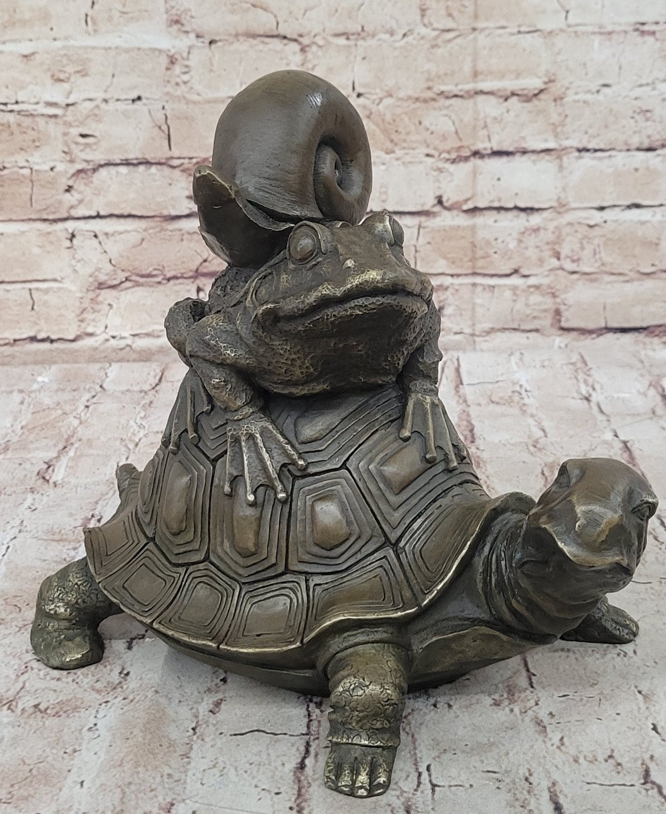 European Bronze Sculpture Frog On Turtle W/ Snail Lost Wax Method Figurine Figure