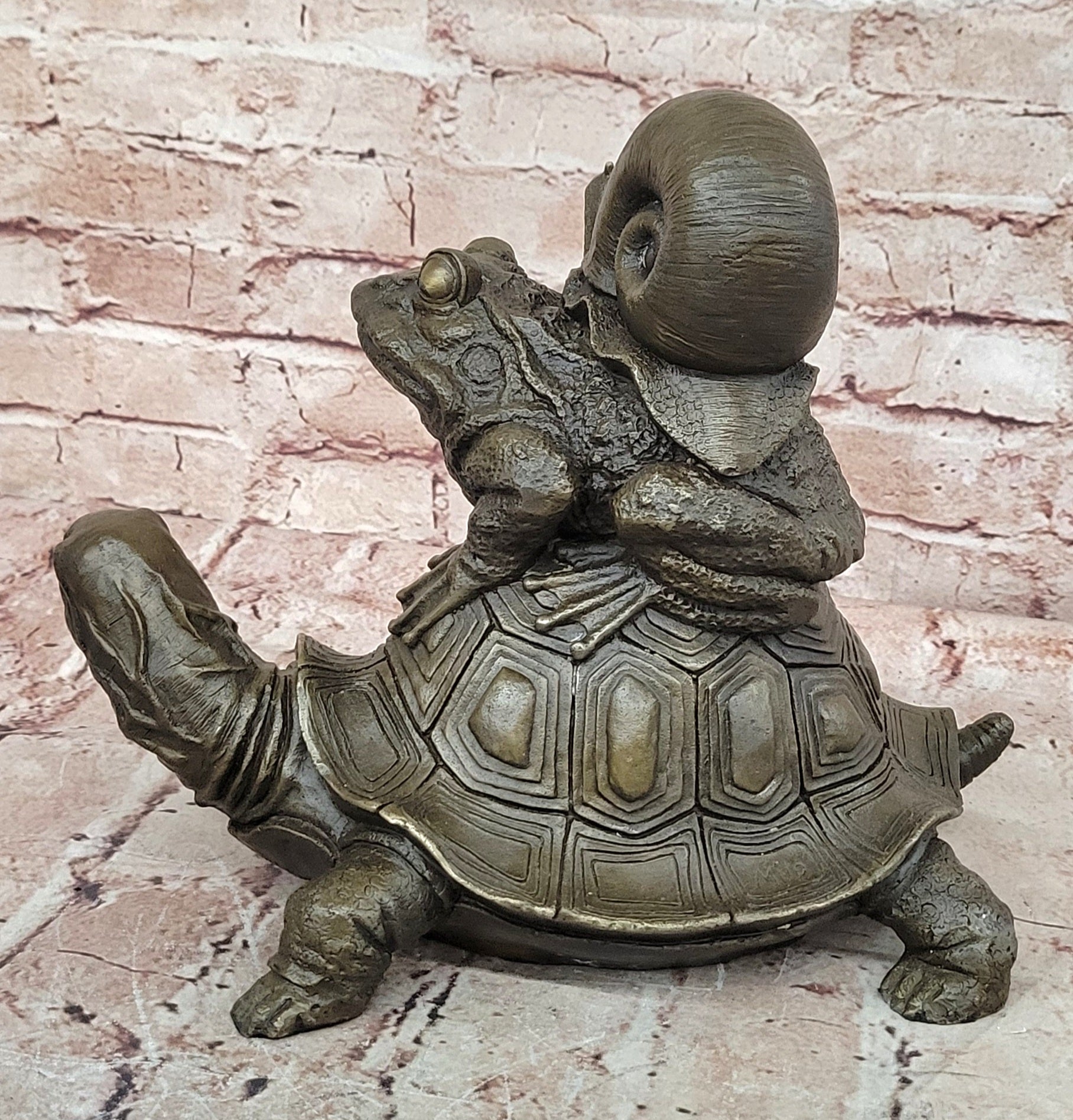 European Bronze Sculpture Frog On Turtle W/ Snail Lost Wax Method Figurine Figure