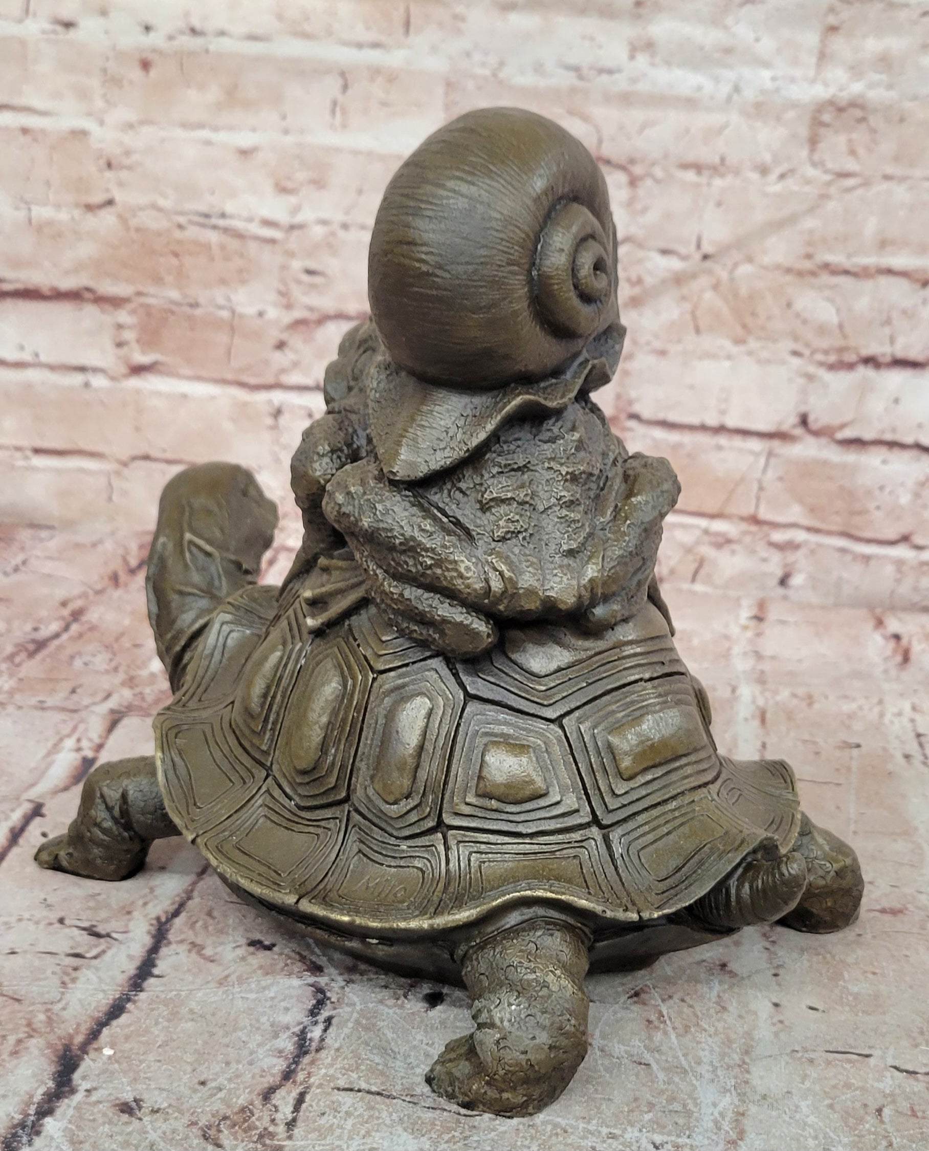 European Bronze Sculpture Frog On Turtle W/ Snail Lost Wax Method Figurine Figure