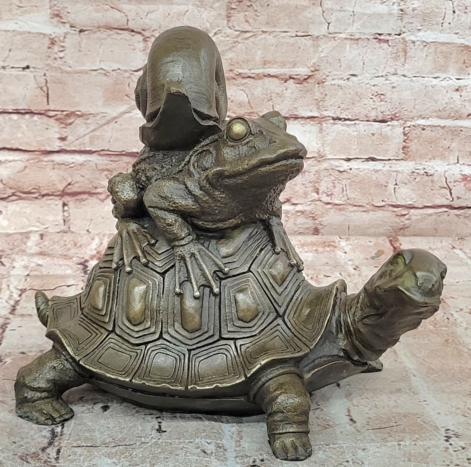 European Bronze Sculpture Frog On Turtle W/ Snail Lost Wax Method Figurine Figure