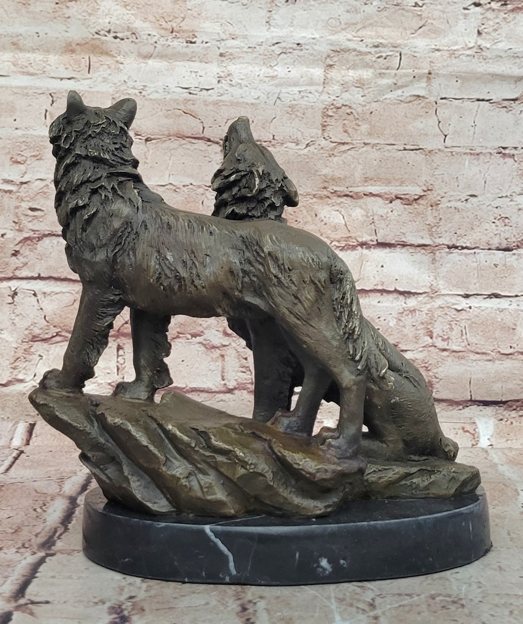 Striking Duo: Handmade Bronze Figurine of Wolves Standing on Rock - Fine Art Decor