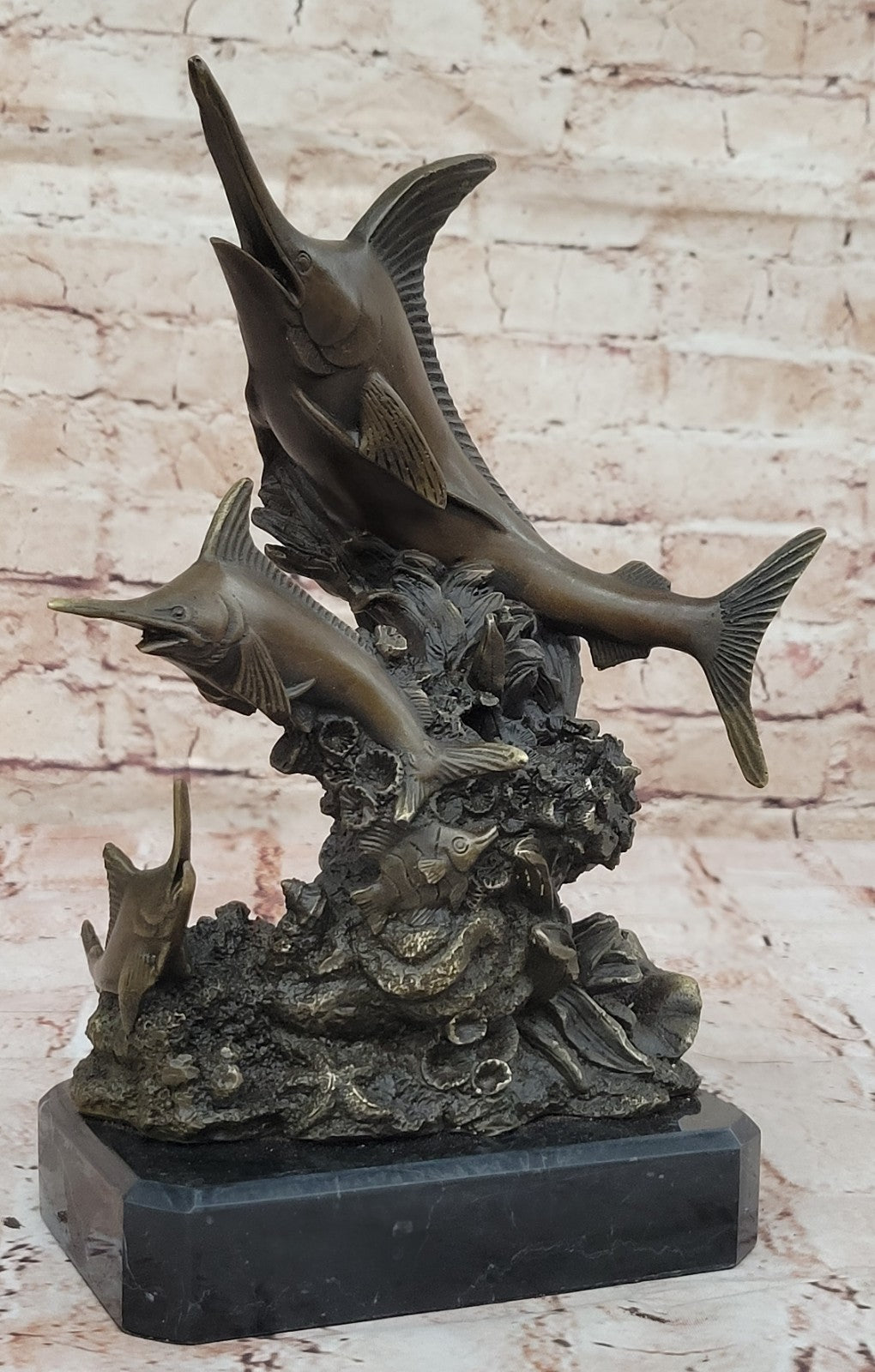 Two Marlin Marlins Fish Hot Cast Classic Nautical Bronze Sculpture Statue Figure