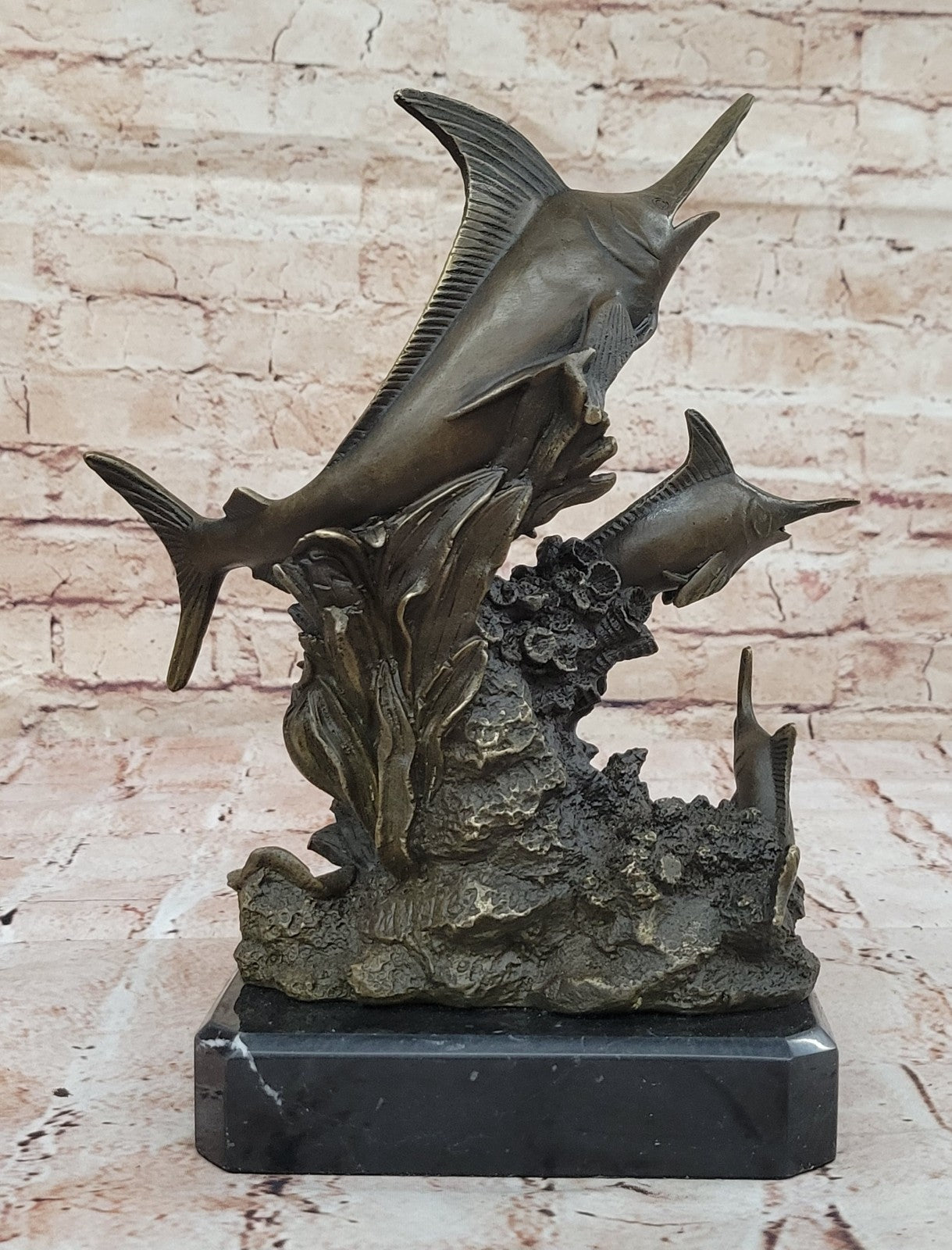 Two Marlin Marlins Fish Hot Cast Classic Nautical Bronze Sculpture Statue Figure