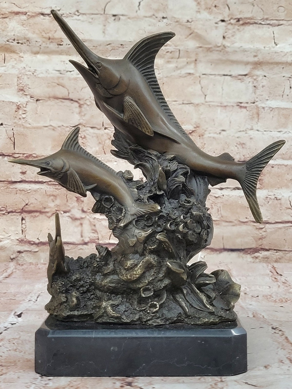 Two Marlin Marlins Fish Hot Cast Classic Nautical Bronze Sculpture Statue Figure