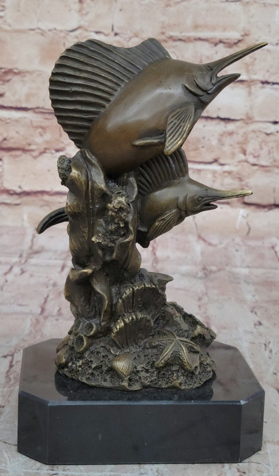 Bronze Sculpture Marine Life Ocean Fish Marlins Handcrafted Collectible Decor
