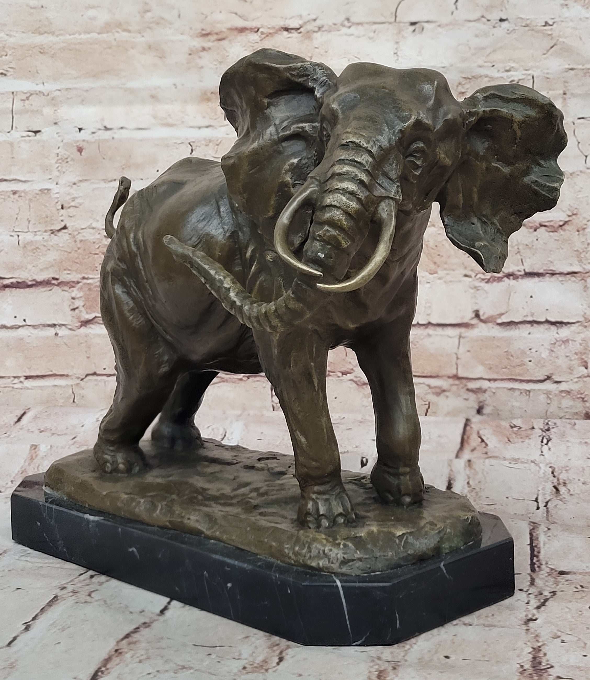 Art Deco Signed Barye African Lucky Elephant Wildlife Bronze Sculpture Figurine