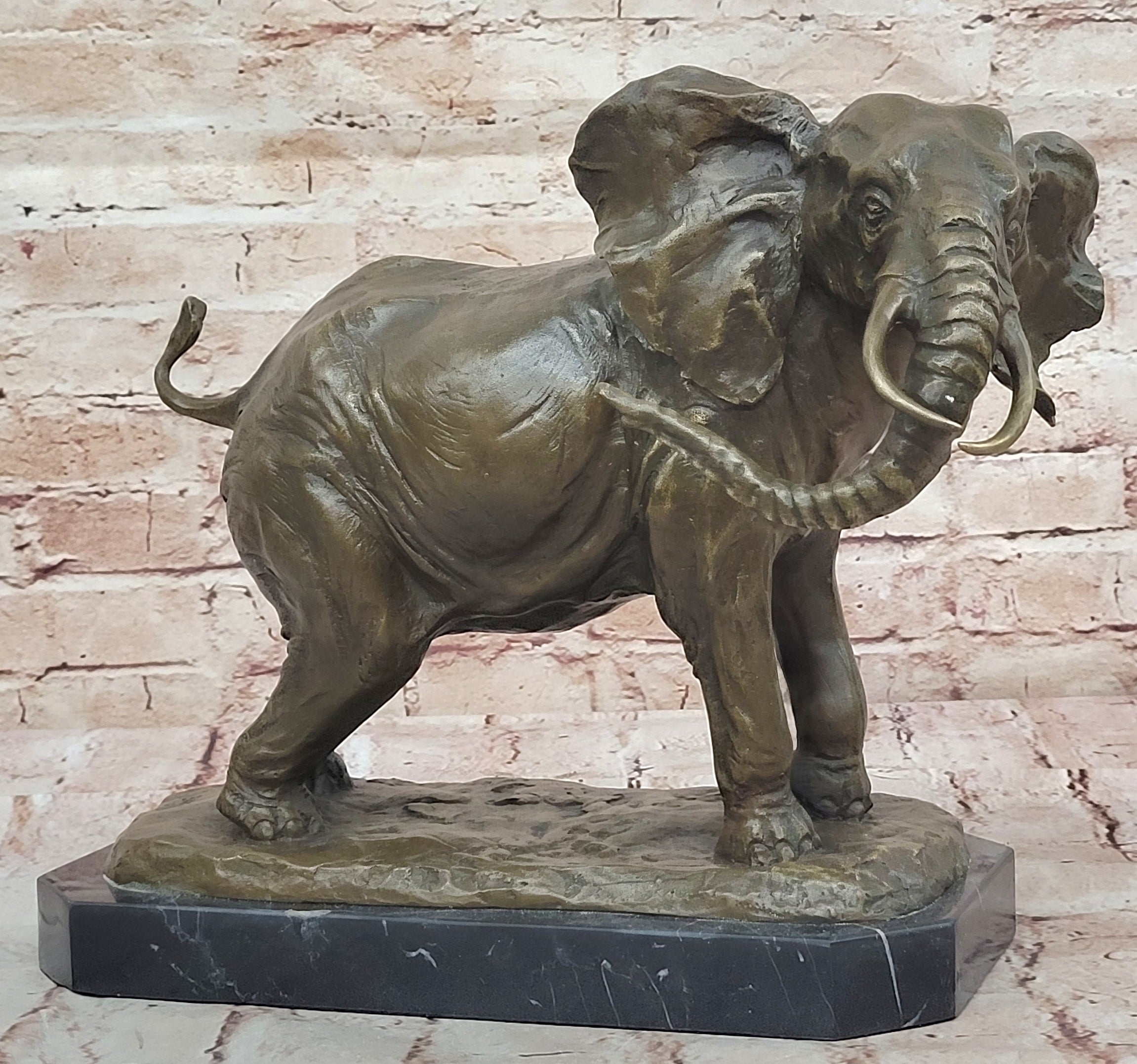Art Deco Signed Barye African Lucky Elephant Wildlife Bronze Sculpture Figurine