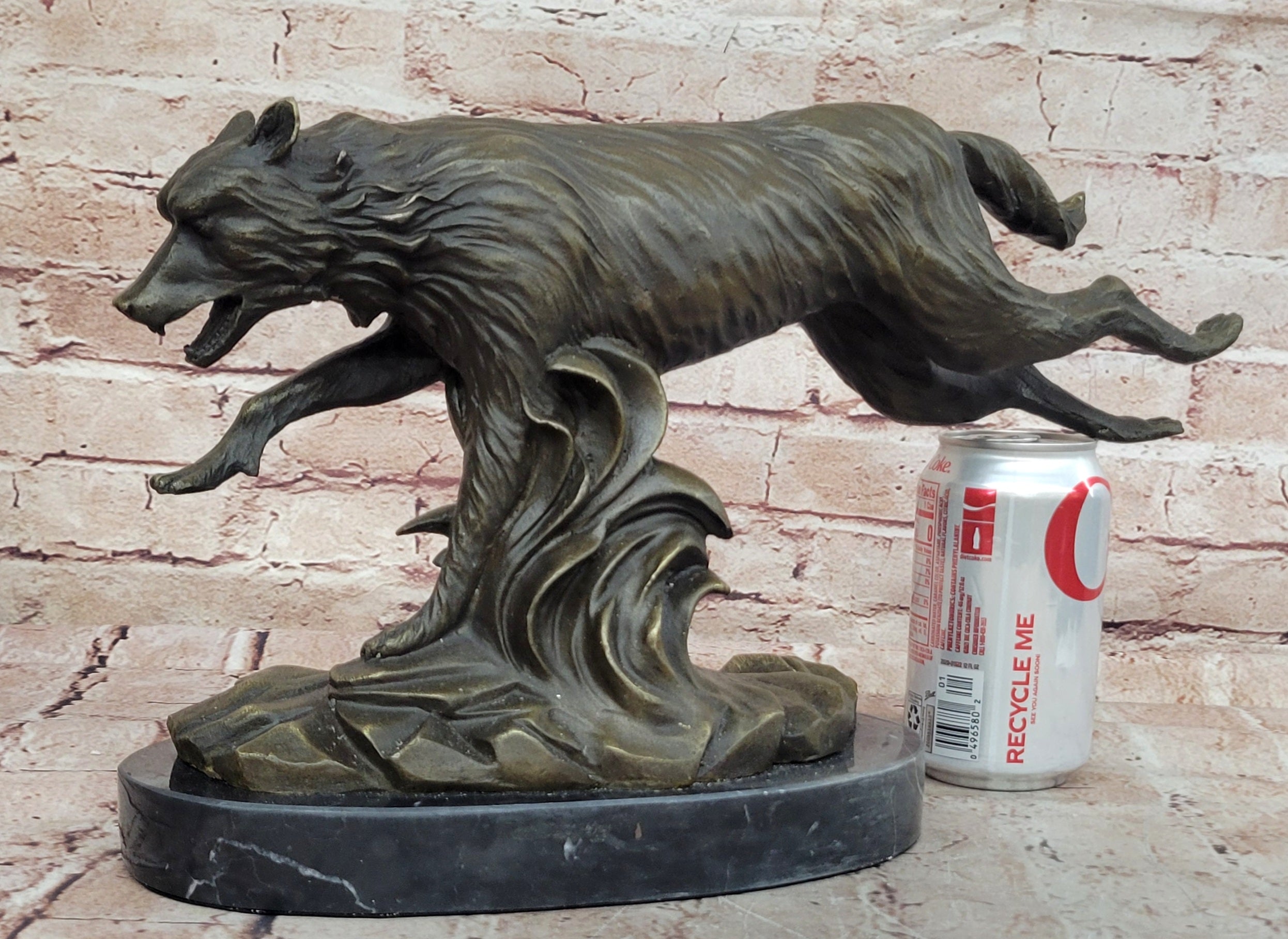 Exquisite Wolf Art: Signed C. Williams Bronze Sculpture, Marble Figure, Cabin Decoration