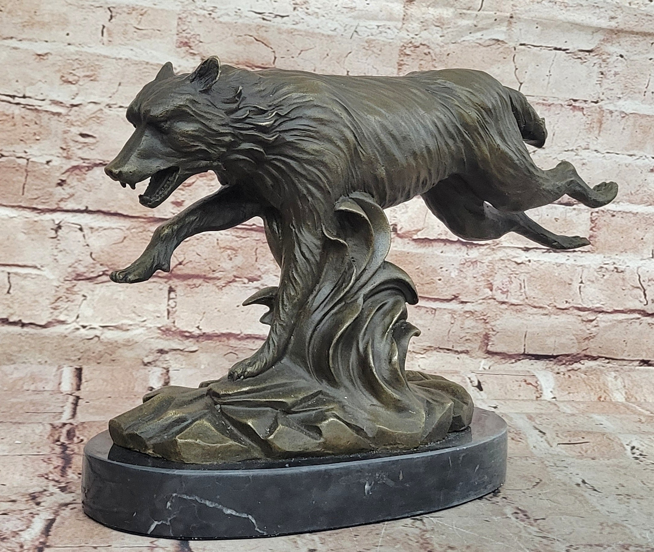 Exquisite Wolf Art: Signed C. Williams Bronze Sculpture, Marble Figure, Cabin Decoration