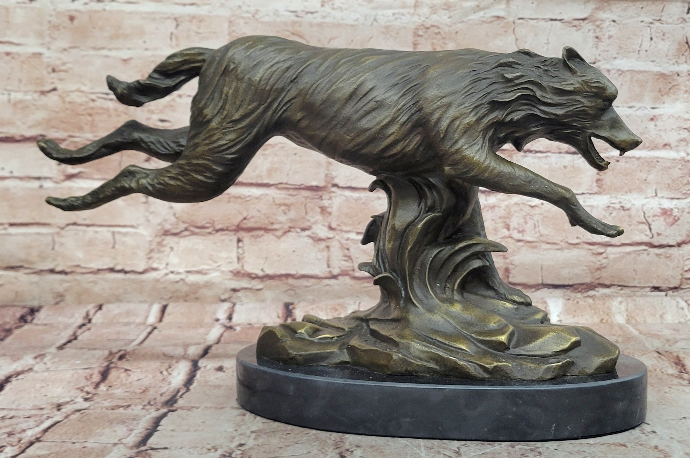 Exquisite Wolf Art: Signed C. Williams Bronze Sculpture, Marble Figure, Cabin Decoration