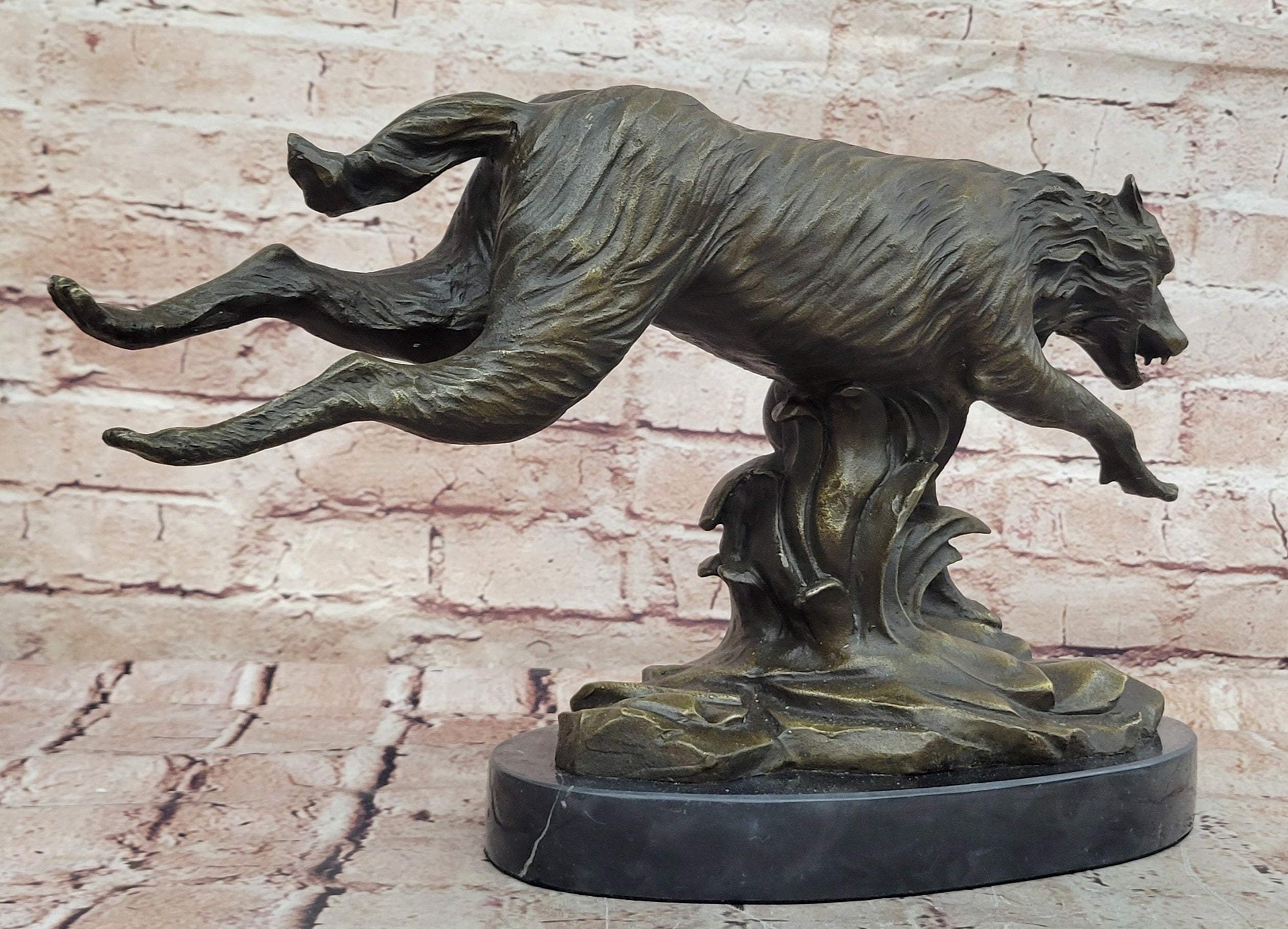 Exquisite Wolf Art: Signed C. Williams Bronze Sculpture, Marble Figure, Cabin Decoration