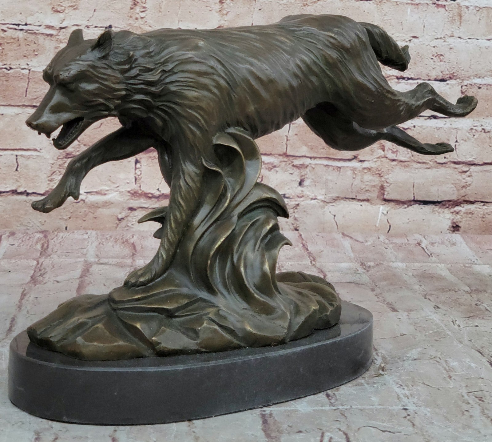 Exquisite Wolf Art: Signed C. Williams Bronze Sculpture, Marble Figure, Cabin Decoration