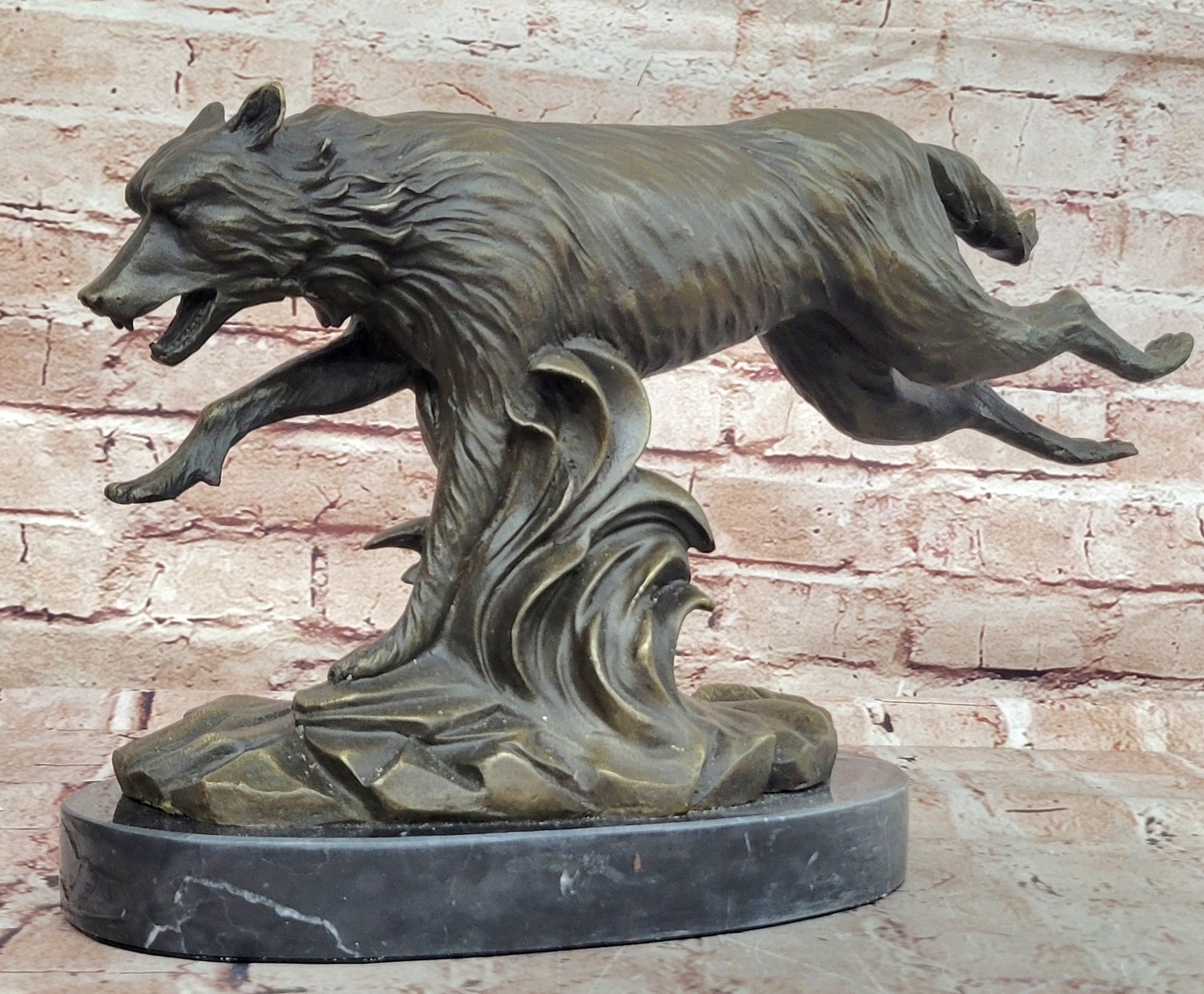 Exquisite Wolf Art: Signed C. Williams Bronze Sculpture, Marble Figure, Cabin Decoration