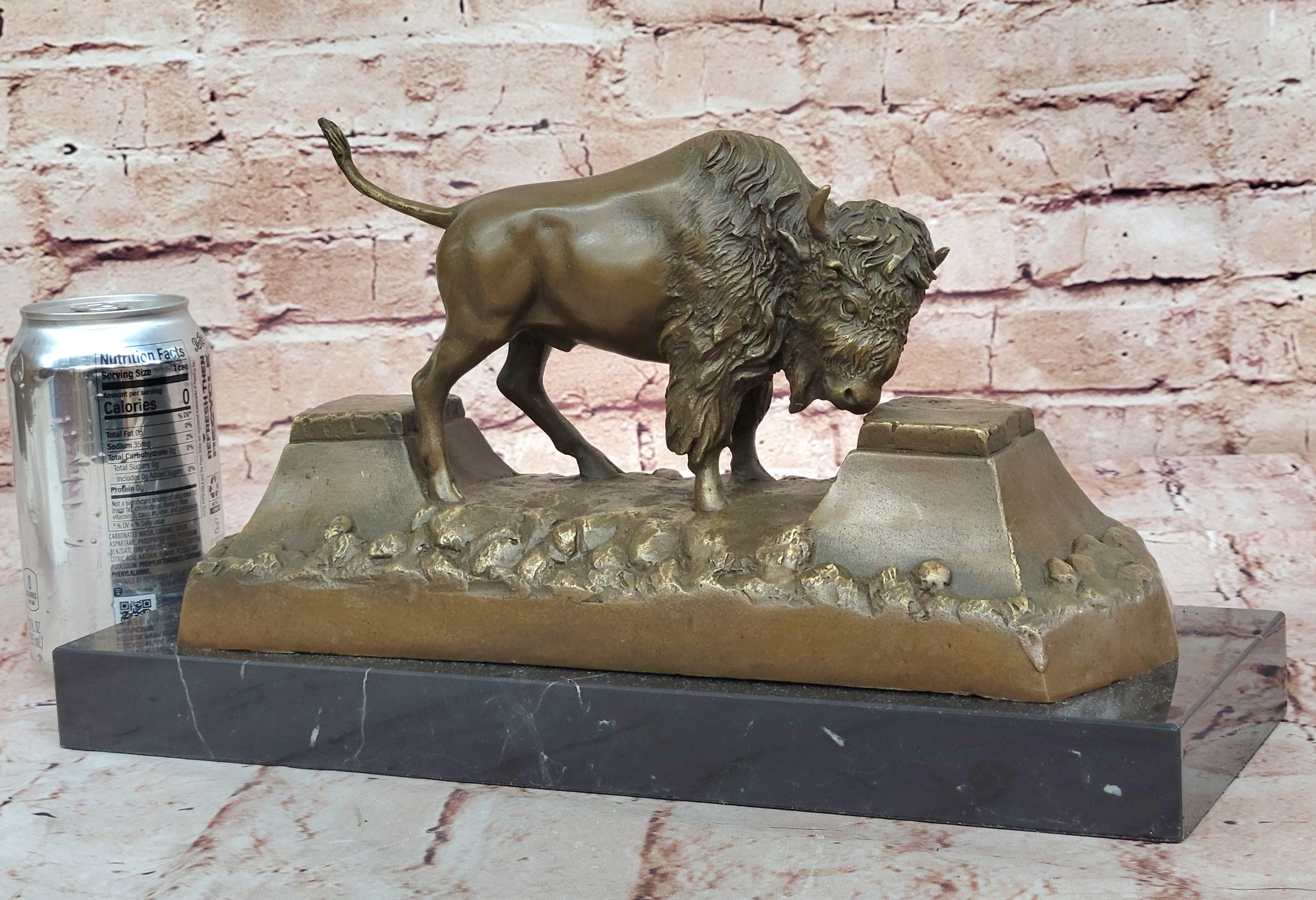 13" Art Deco Sculpture Buffalo Bulll OX Animal Marble Base Bronze Statue
