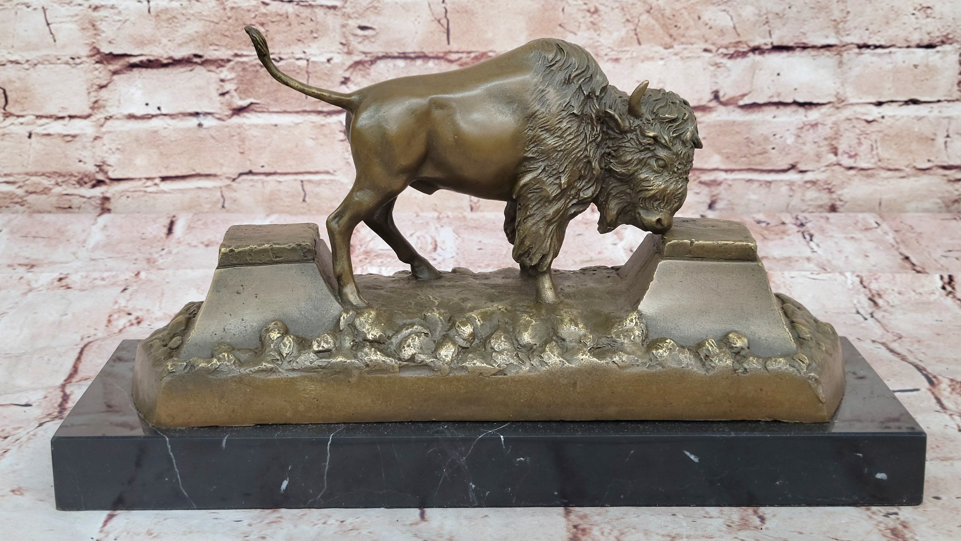 13" Art Deco Sculpture Buffalo Bulll OX Animal Marble Base Bronze Statue