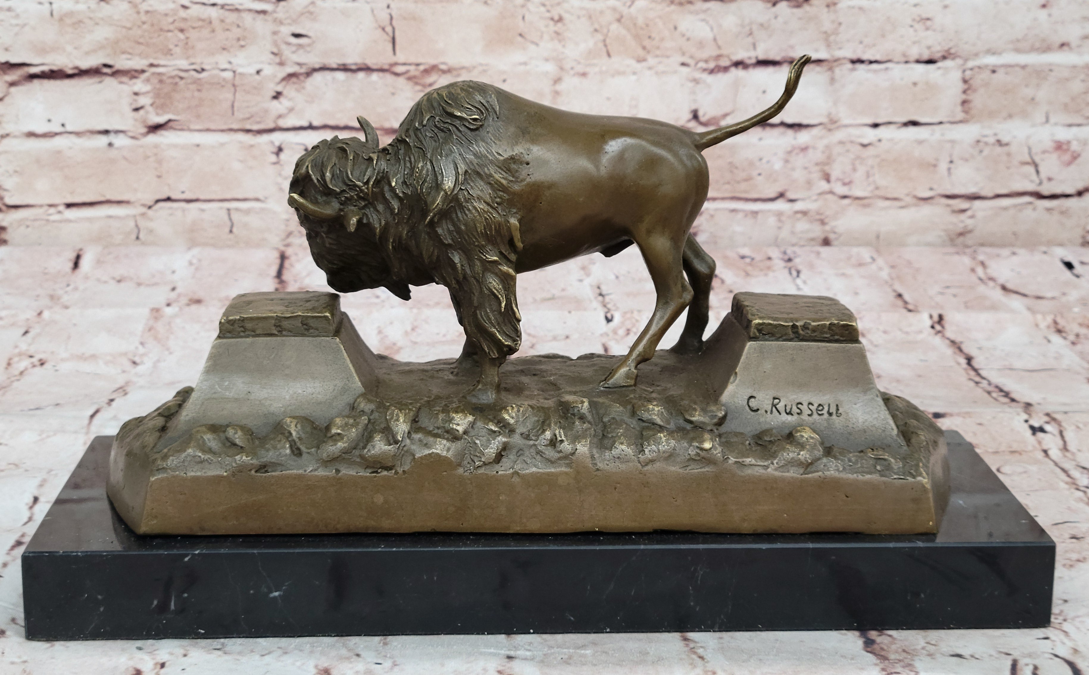 13" Art Deco Sculpture Buffalo Bulll OX Animal Marble Base Bronze Statue