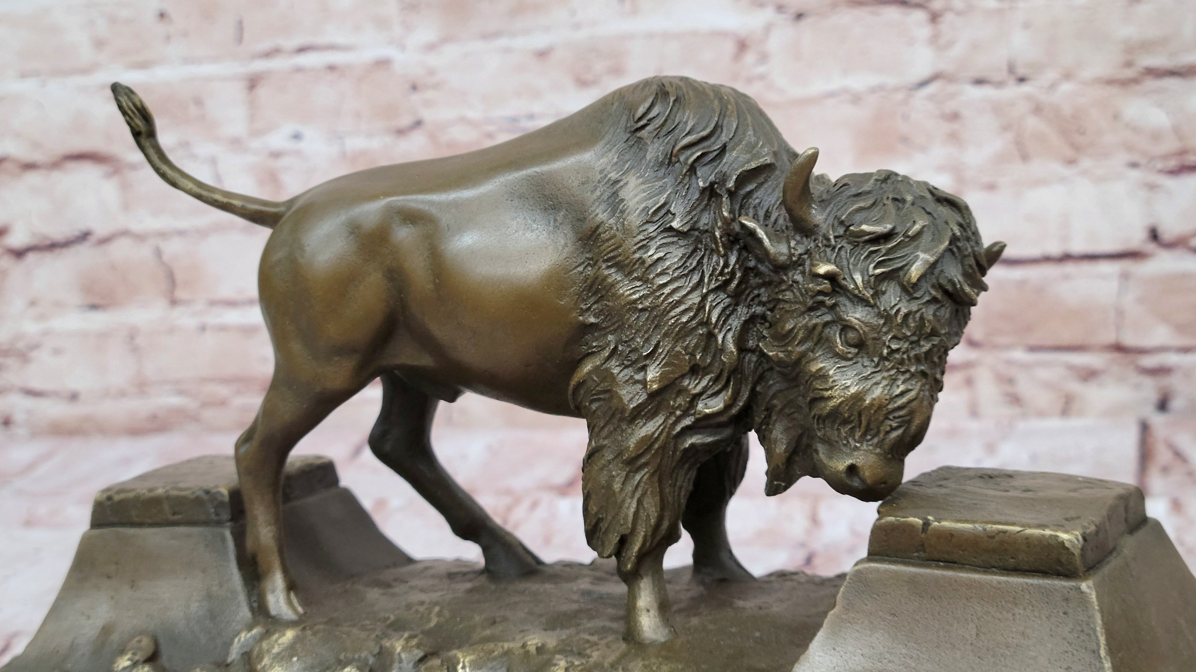 13" Art Deco Sculpture Buffalo Bulll OX Animal Marble Base Bronze Statue