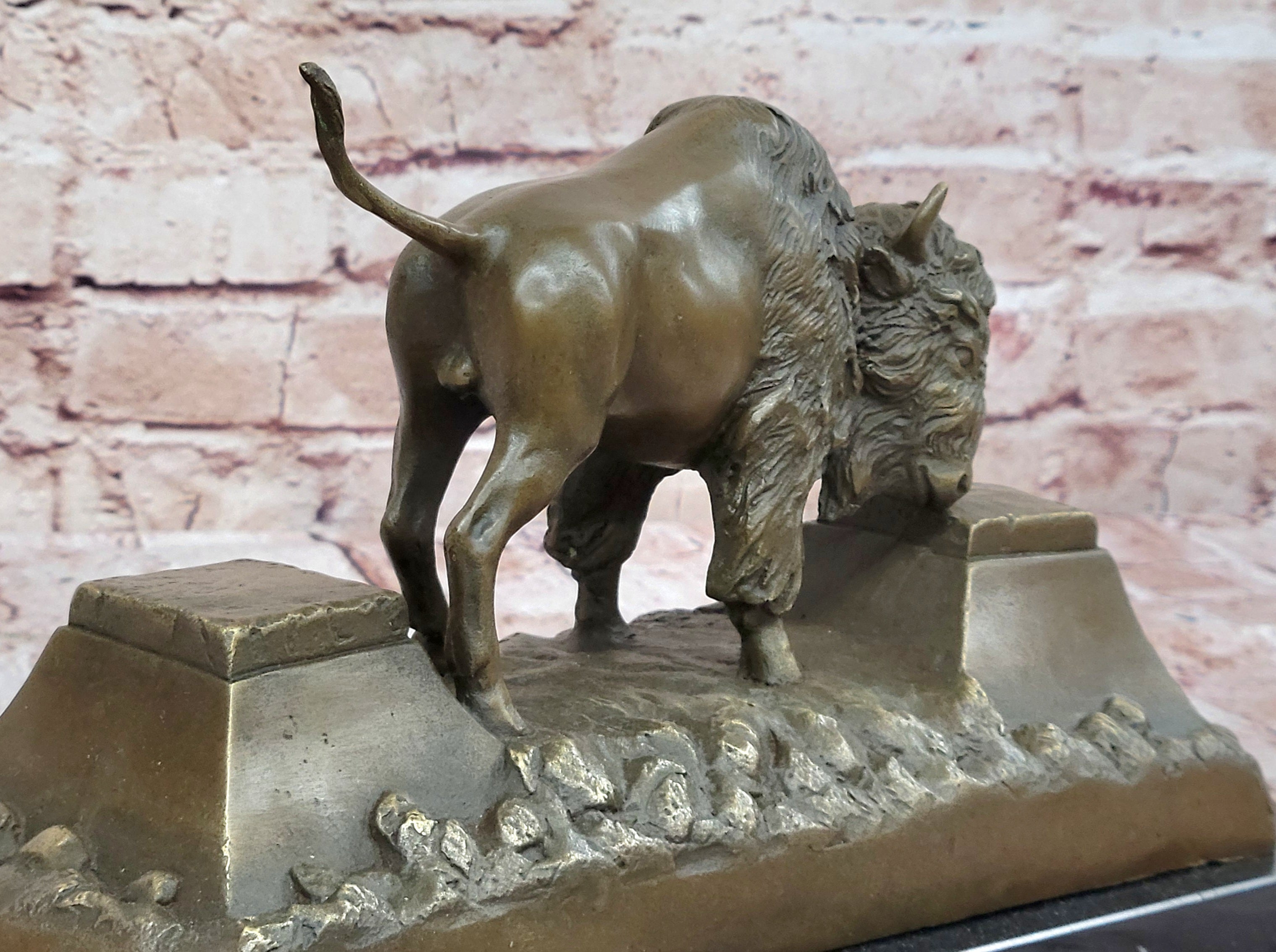13" Art Deco Sculpture Buffalo Bulll OX Animal Marble Base Bronze Statue