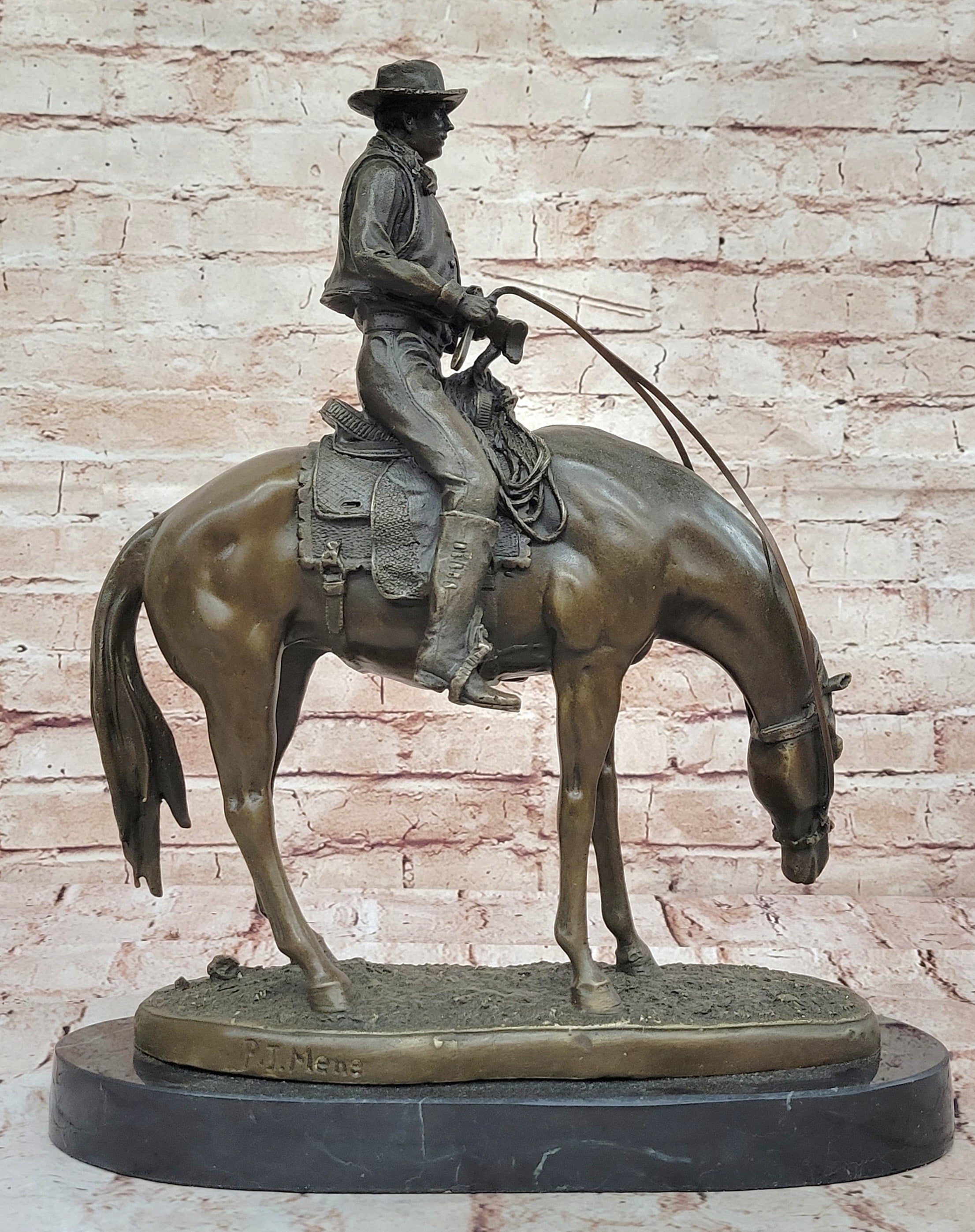 Buy Handcrafted Western Cowboy Riding Horse Bronze Sculpture by P.J. Mene – A Museum-Quality Tribute to the Spirit of the Old West