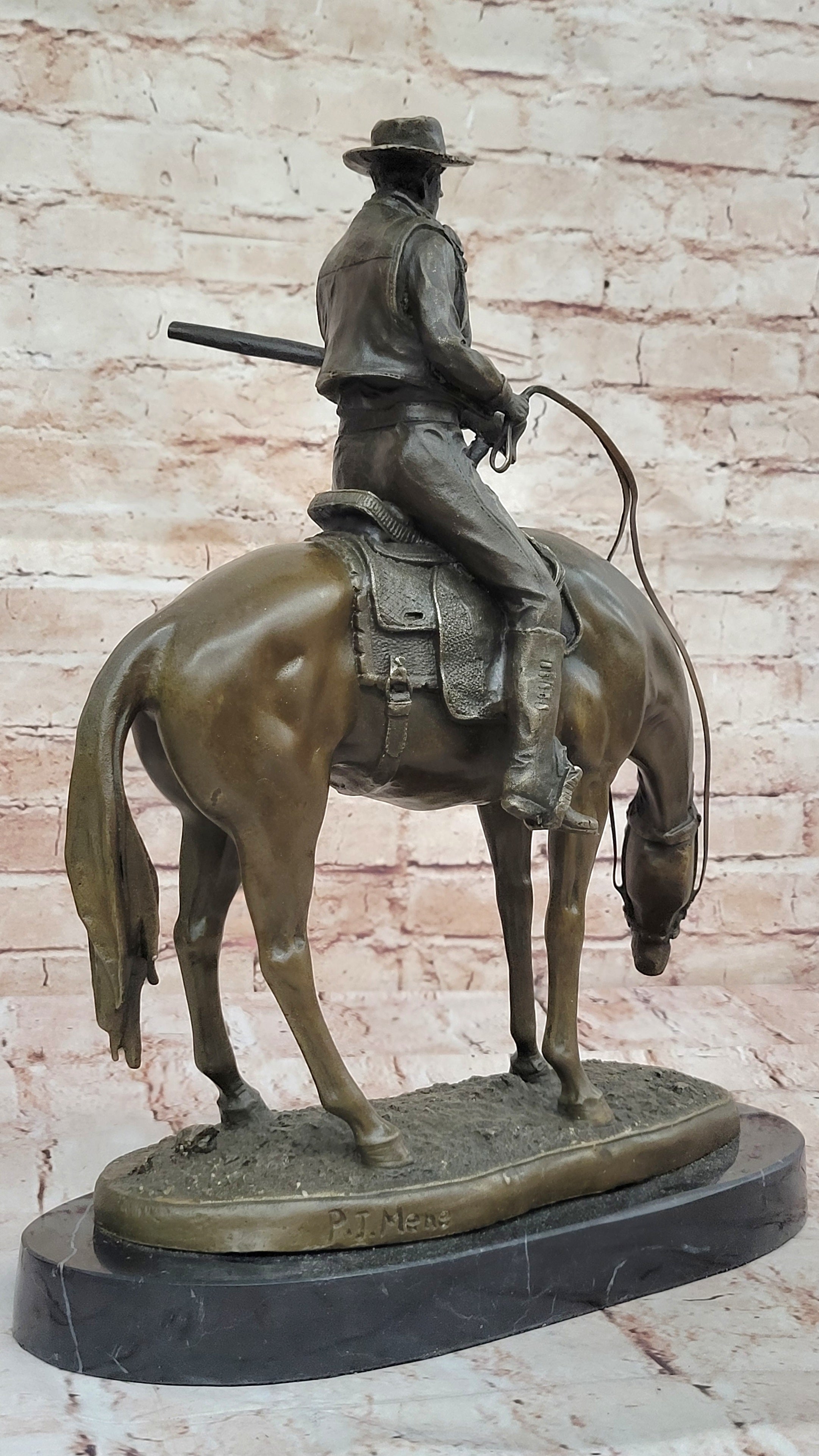 Buy Handcrafted Western Cowboy Riding Horse Bronze Sculpture by P.J. Mene – A Museum-Quality Tribute to the Spirit of the Old West