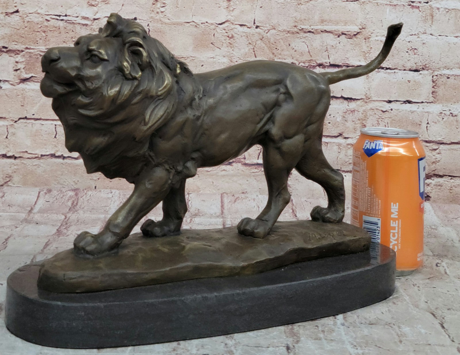 African Lion King on Prowl: Bronze Sculpture Signed M. Lopez Art Deco Wildlife Collectible